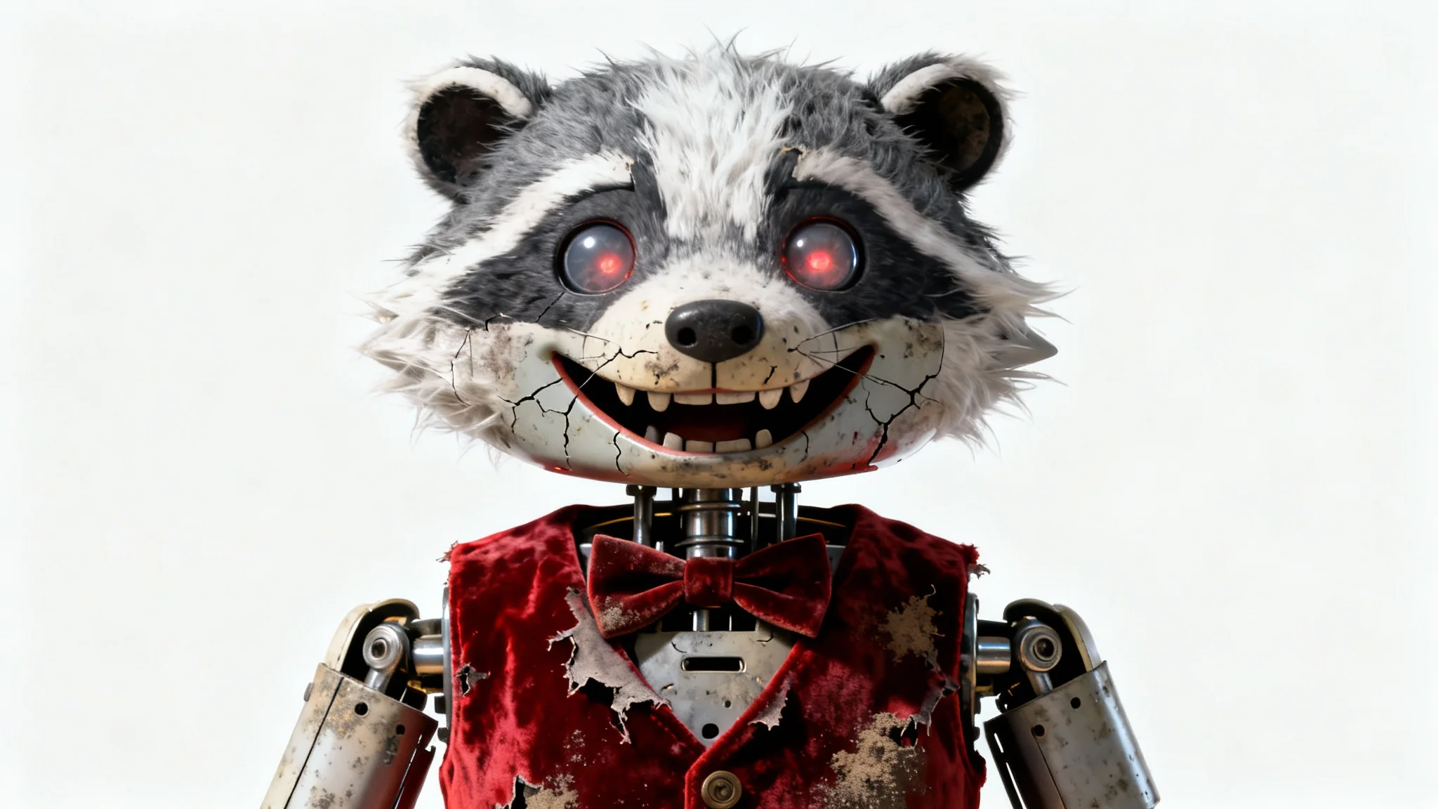 A full-body image of a terrifying animatronic badger inspired by Five Nights at Freddy's, featuring matted fur, glowing red eyes, and a tattered red vest, set against a stark white background.