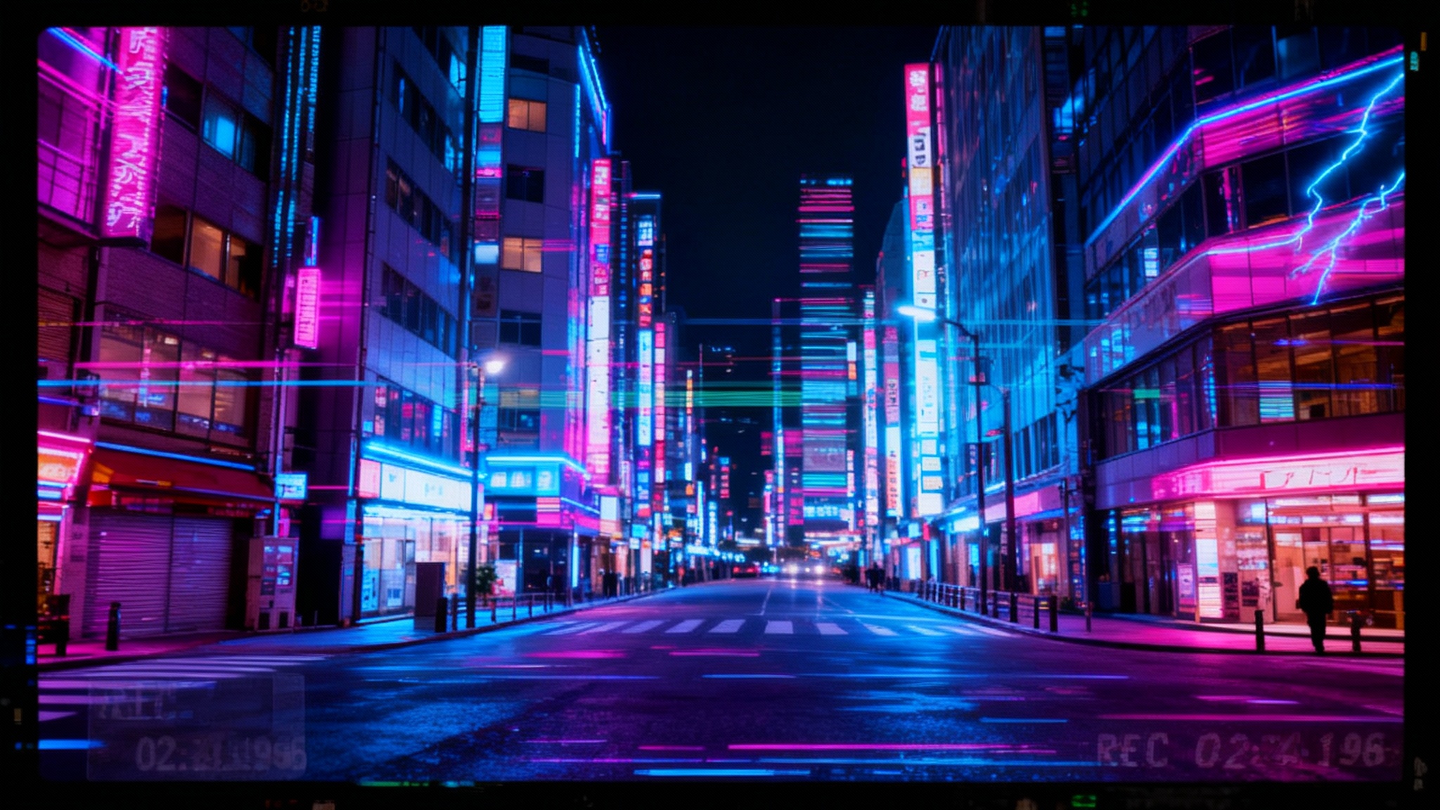 An eye-catching hero image of a neon-lit Tokyo street scene transformed by a heavy VHS glitch overlay, showing static, scan lines, and vibrant color bleed, demonstrating the final output of the effect.