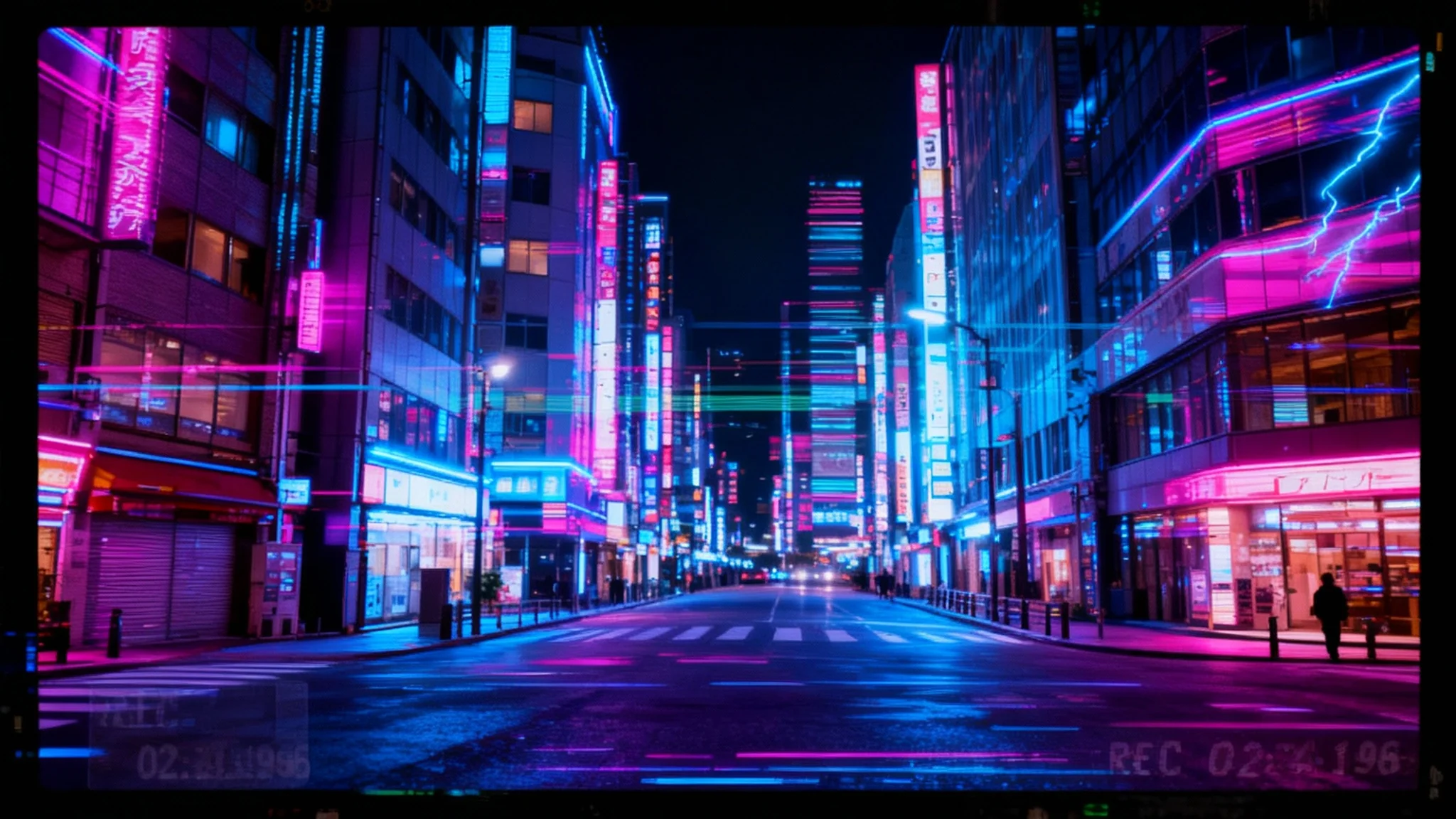 An eye-catching hero image of a neon-lit Tokyo street scene transformed by a heavy VHS glitch overlay, showing static, scan lines, and vibrant color bleed, demonstrating the final output of the effect.