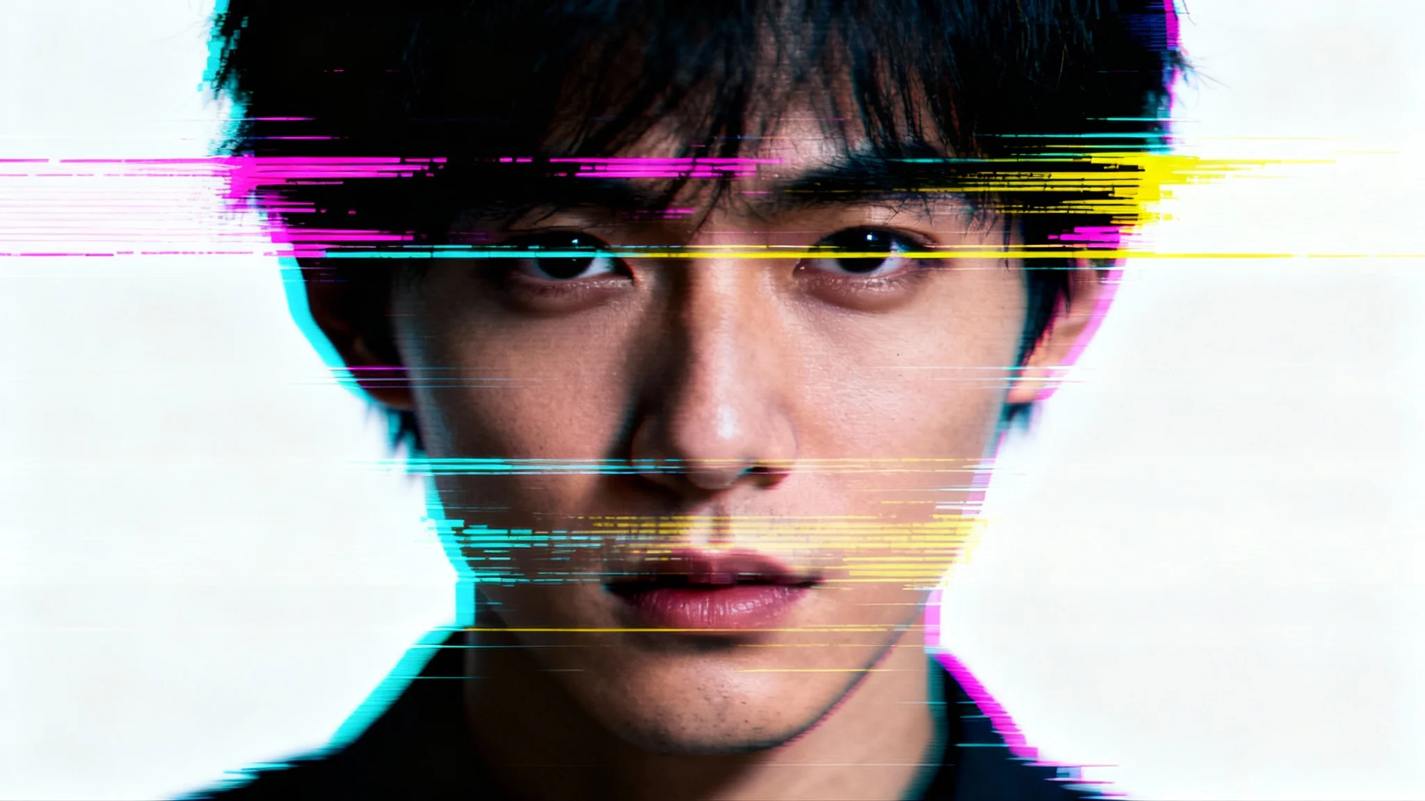 A photorealistic portrait of a person's face distorted by a heavy VHS glitch overlay, with visible scanlines, static, and dramatic color bleeding, creating a retro, lo-fi aesthetic.