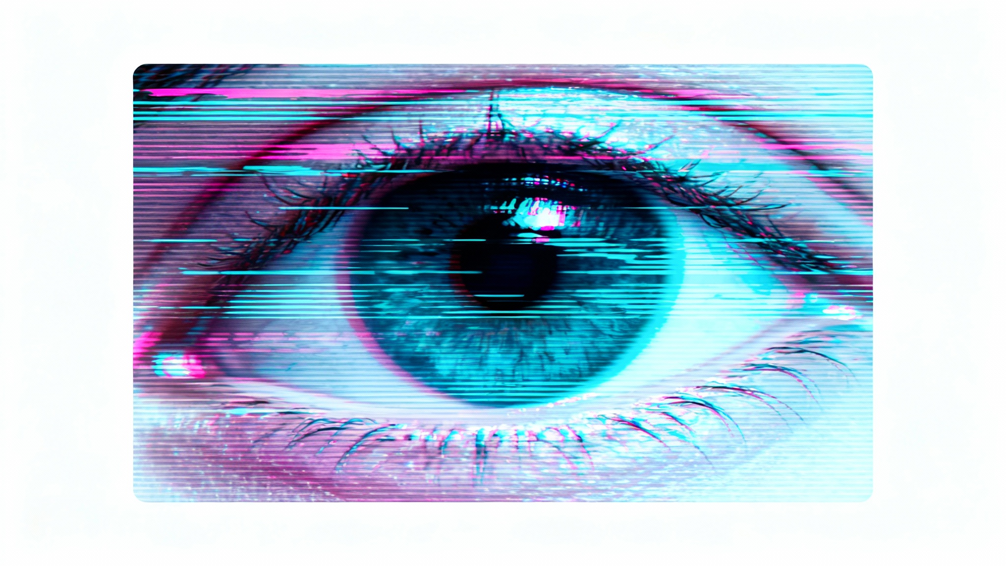 A close-up of a human eye distorted by a VHS glitch overlay, featuring prominent scan lines and color static, presented as a mockup on a white background.