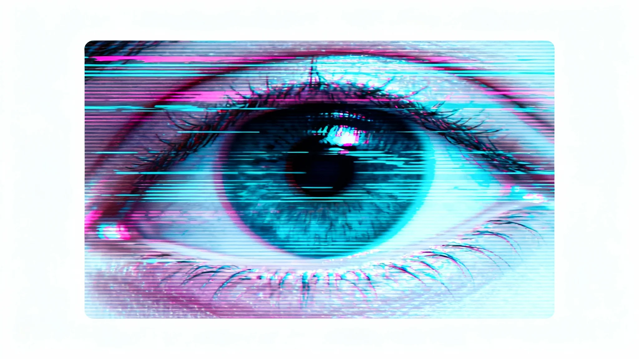 A close-up of a human eye distorted by a VHS glitch overlay, featuring prominent scan lines and color static, presented as a mockup on a white background.