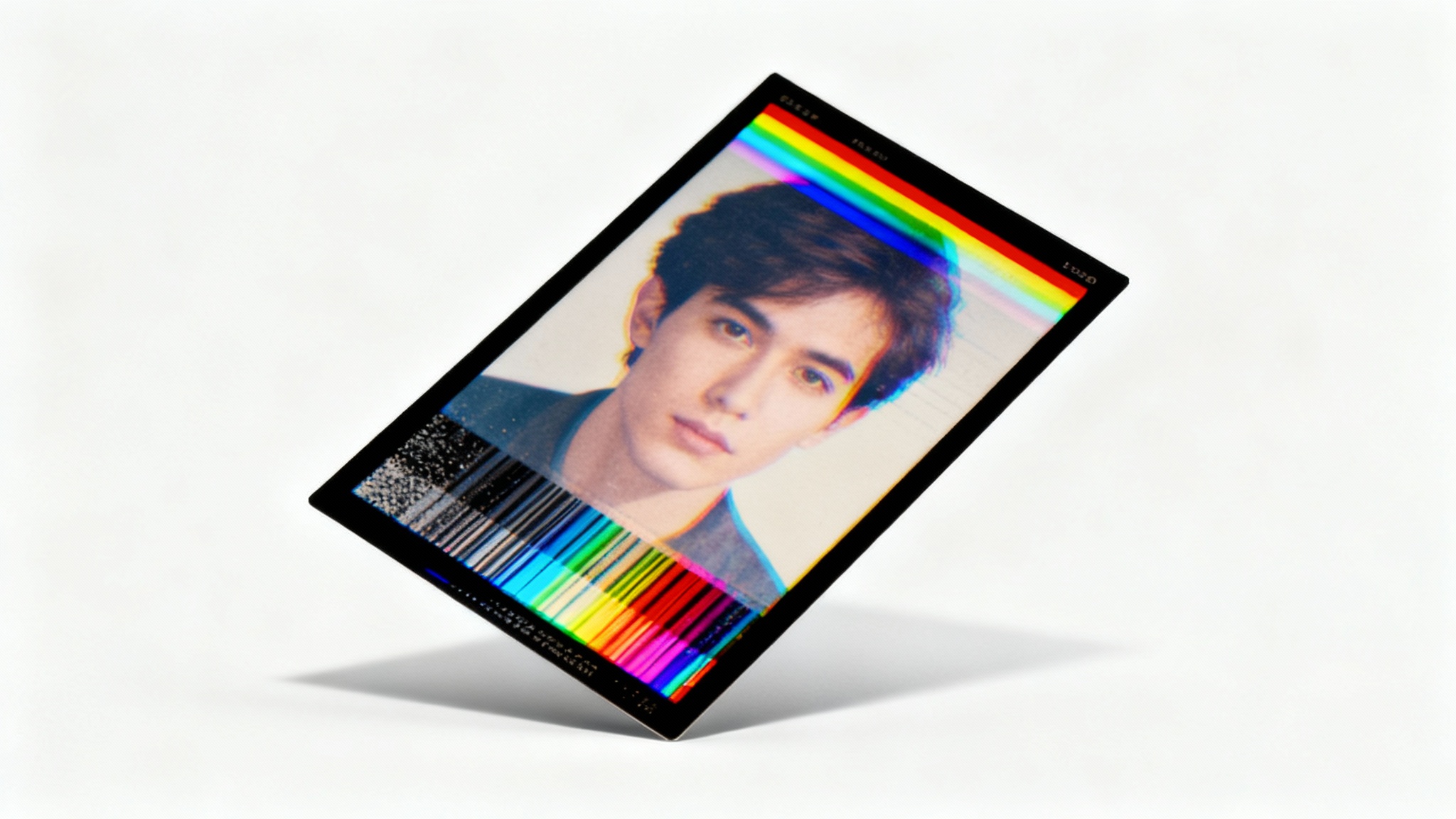 A mockup demonstrating a VHS glitch overlay. A rectangular, retro-style portrait photograph is shown isolated on a pure white background, heavily distorted with colorful static, scan lines, and analog warping effects.