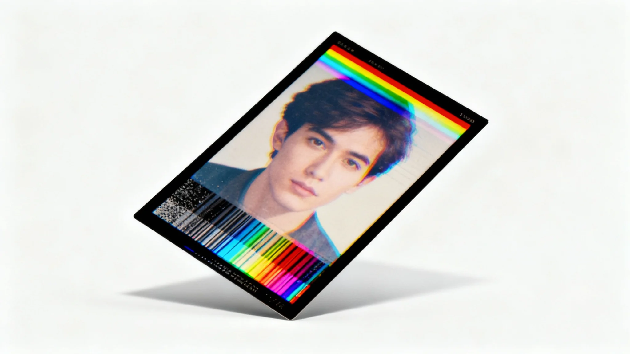 A mockup demonstrating a VHS glitch overlay. A rectangular, retro-style portrait photograph is shown isolated on a pure white background, heavily distorted with colorful static, scan lines, and analog warping effects.