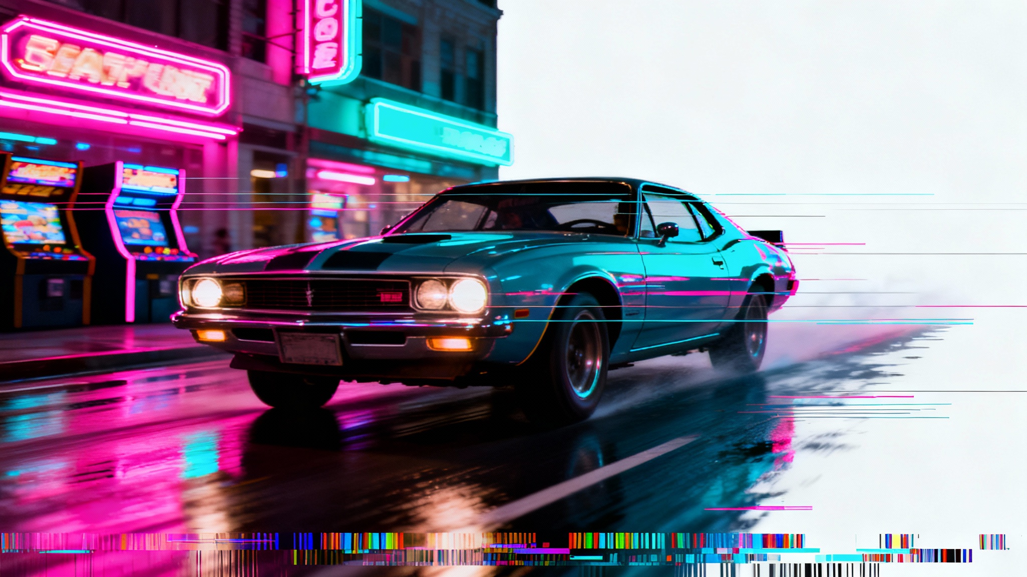 A photo of a retro car बुरी तरह से एक वीएचएस ग्लिच ओवरले के साथ स्टाइल किया गया है, जिसमें स्कैन लाइनें, रंग खून बह रहा है, और एक पुरानी एनालॉग वीडियो टेप के रूप को दोहराने के लिए विरूपण है।