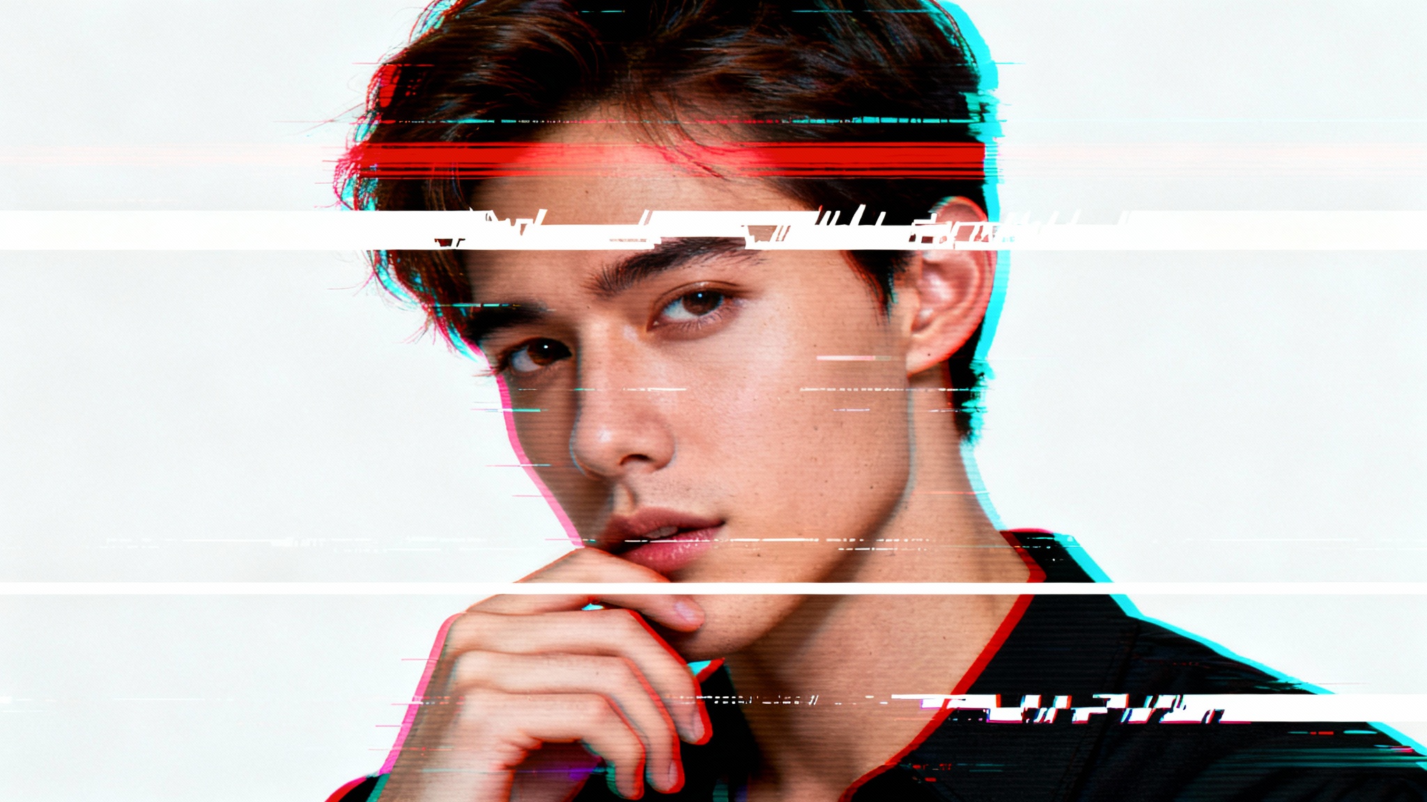 A close-up portrait of a person heavily filtered with a VHS glitch overlay, showing prominent scan lines, color bleeding, and static effects, presented against a plain white background.