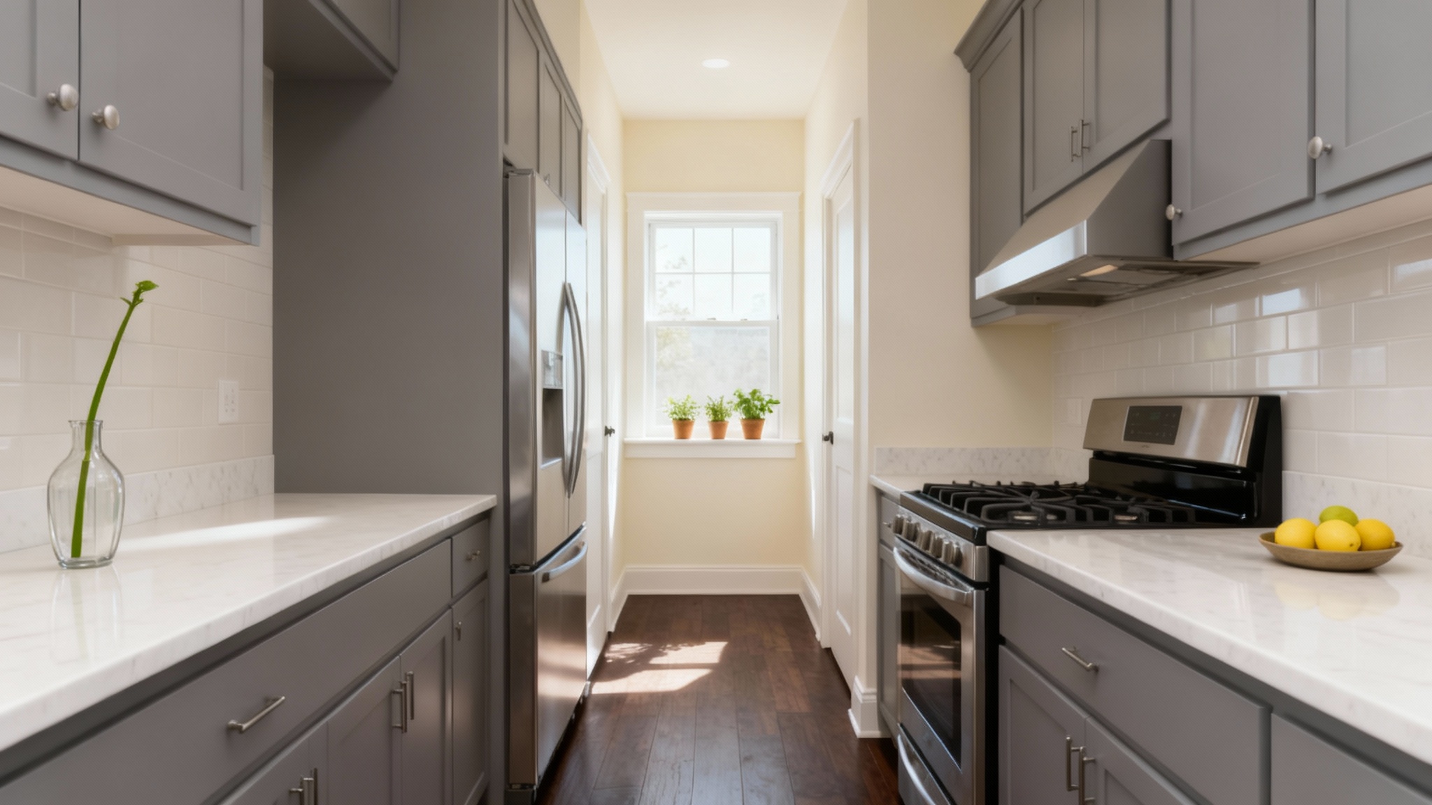 A final result of a galley kitchen design, showing a long, narrow kitchen with modern gray cabinets, white countertops, stainless steel appliances, and dark wood floors, illuminated by natural light.