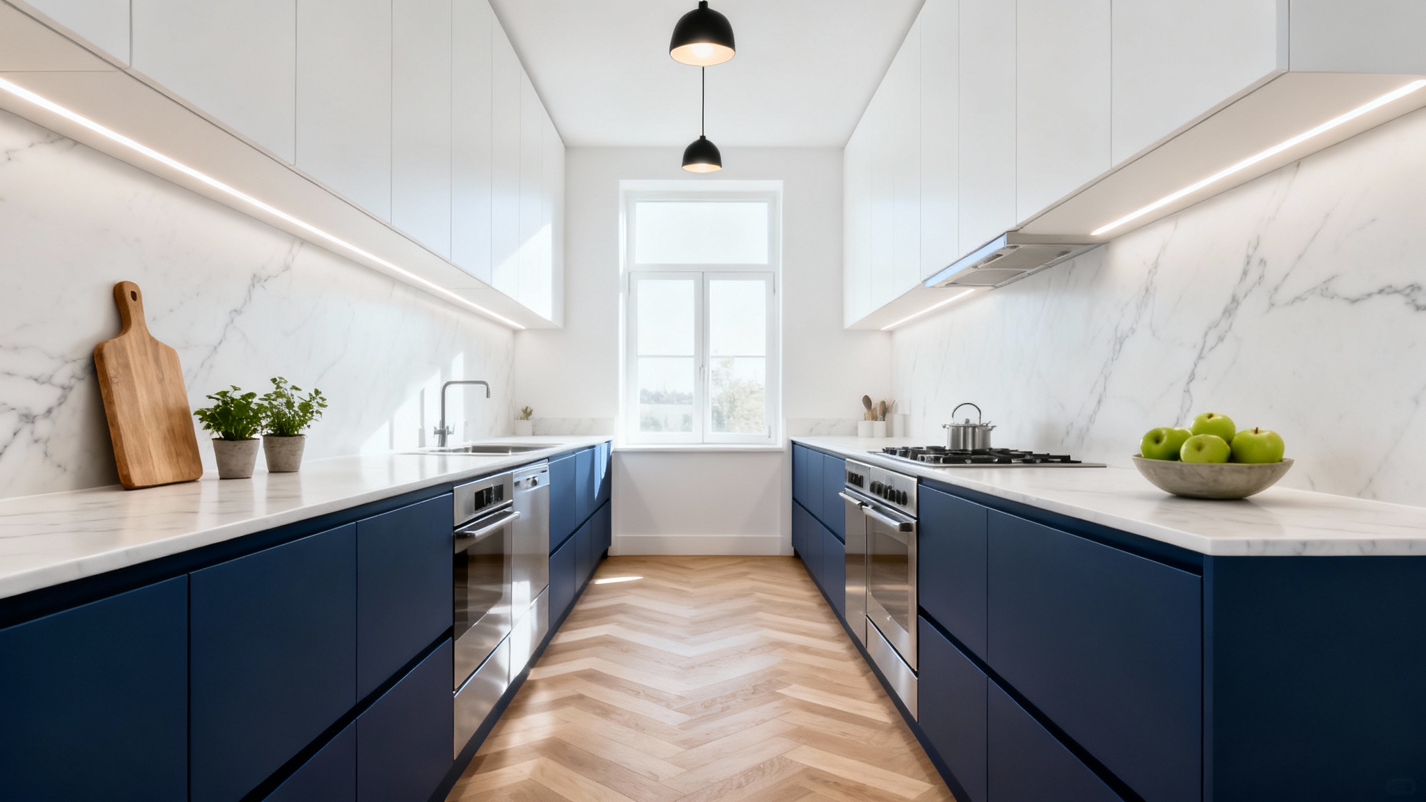 A photorealistic image of a modern, narrow galley kitchen featuring two-tone cabinetry with navy blue lowers and white uppers, white quartz countertops, and light hardwood floors. The kitchen is bright, clean, and uncluttered.
