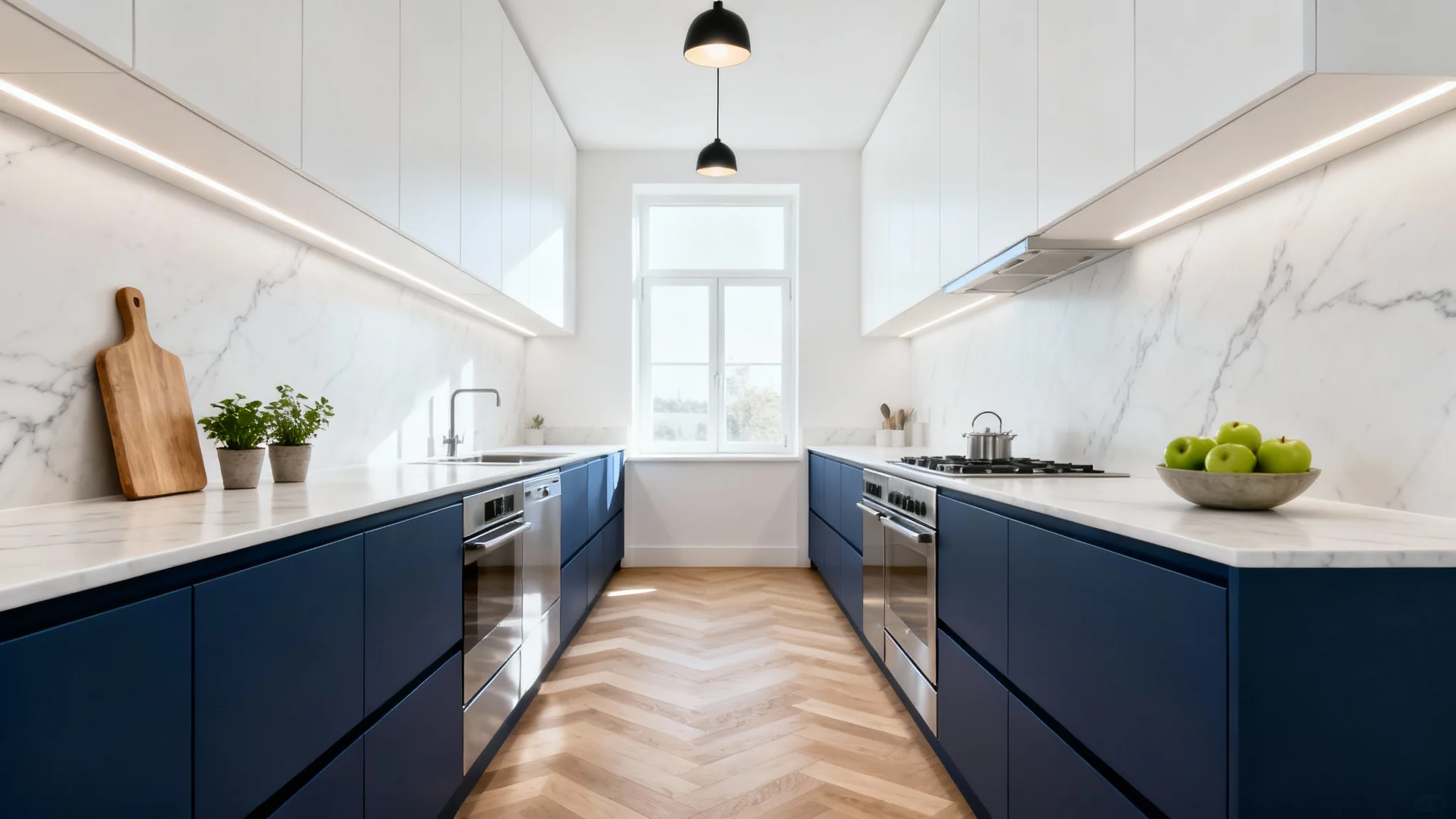 A photorealistic image of a modern, narrow galley kitchen featuring two-tone cabinetry with navy blue lowers and white uppers, white quartz countertops, and light hardwood floors. The kitchen is bright, clean, and uncluttered.