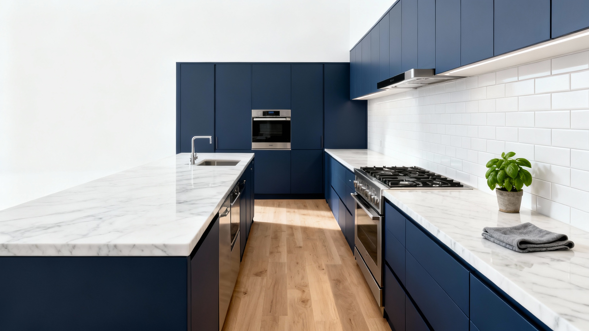 A photorealistic mockup of a modern galley kitchen with navy blue cabinets, white marble countertops, and light oak flooring, set against a plain white background.