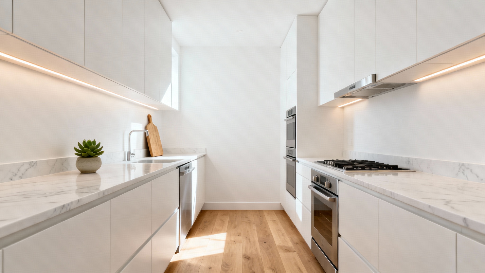 A hyper-realistic image of a modern galley kitchen featuring white handleless cabinets, quartz countertops, and light wood flooring, creating a bright and spacious feel.