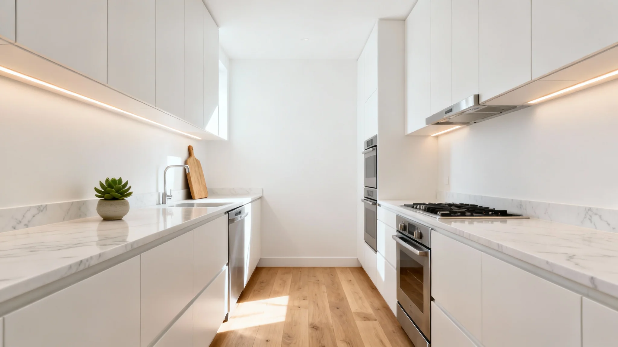 A hyper-realistic image of a modern galley kitchen featuring white handleless cabinets, quartz countertops, and light wood flooring, creating a bright and spacious feel.