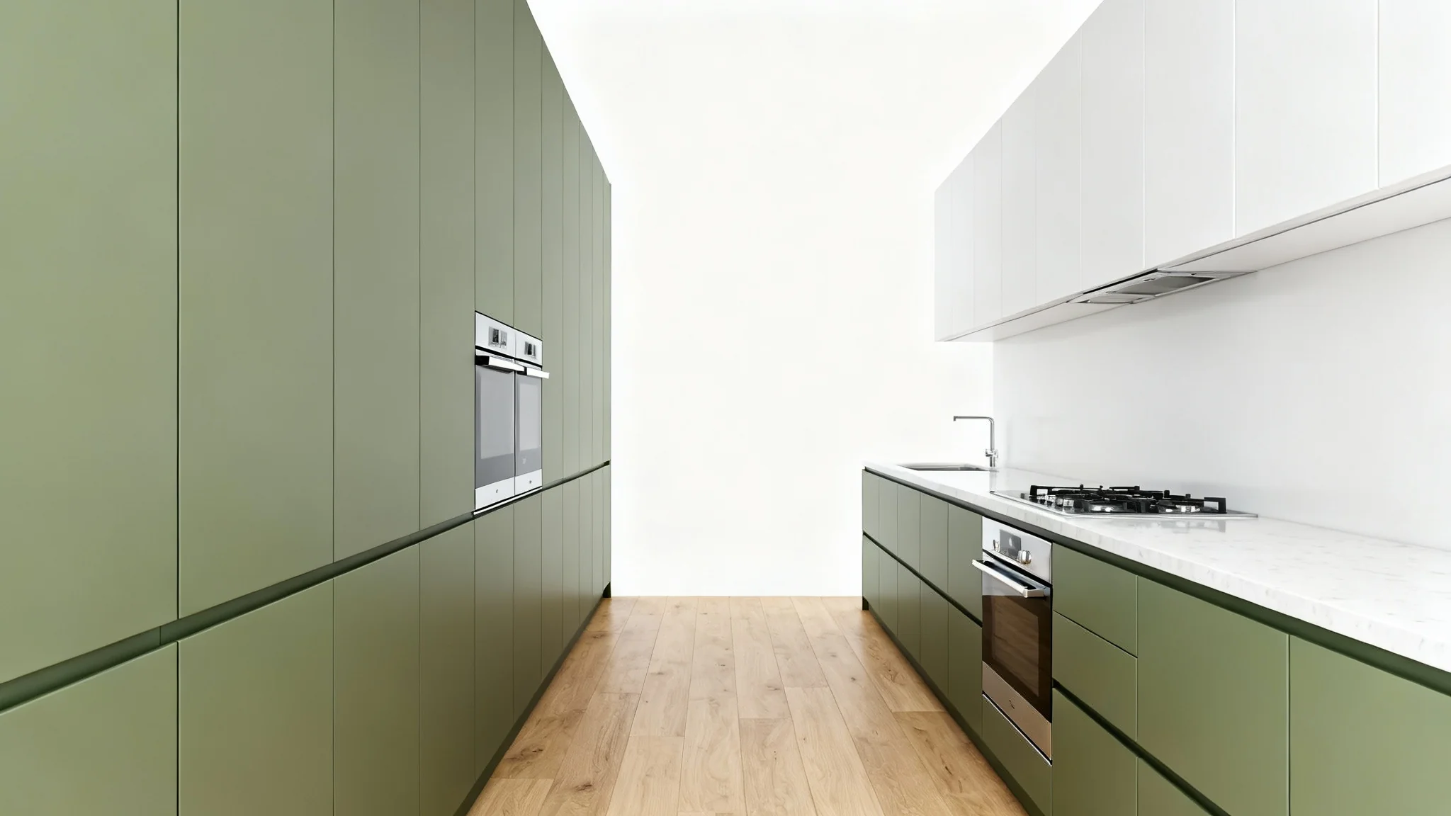 A sleek and modern galley kitchen design featuring sage green and white cabinets with integrated appliances, shown against a clean white background.