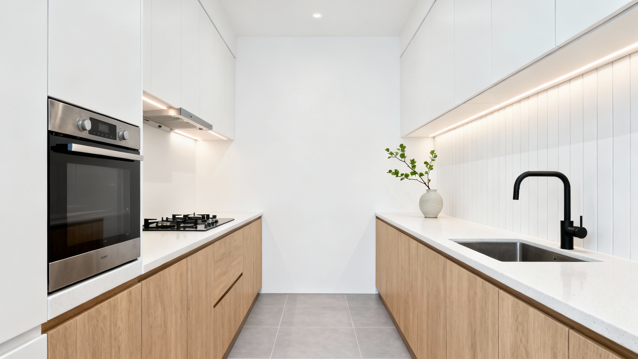 A modern galley kitchen design with light oak and white cabinets, white countertops, and minimalist decor, presented as a mockup against a plain white background.