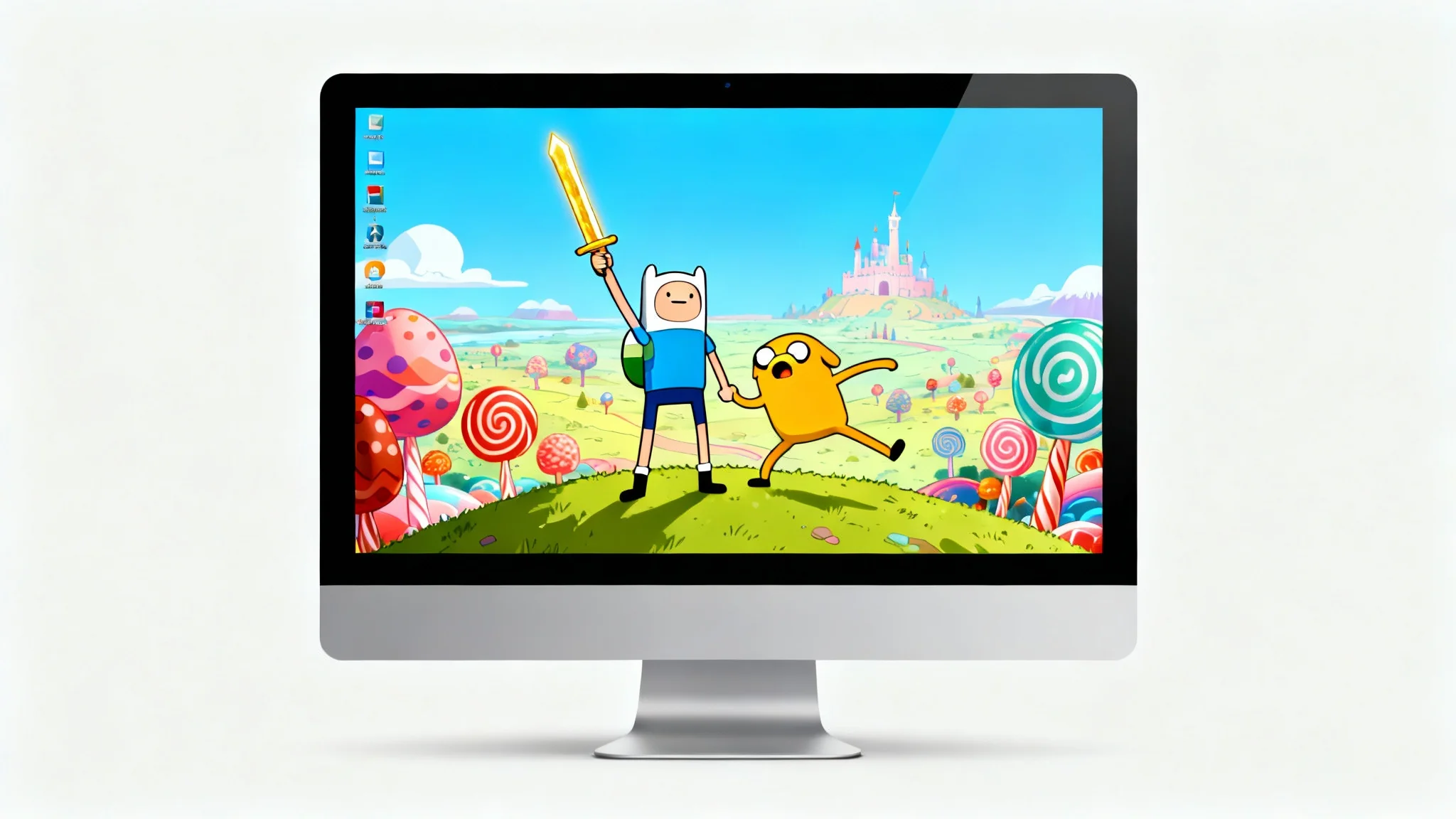 A mock-up of a computer desktop showing the final result: a vibrant 'Adventure Time' wallpaper featuring Finn and Jake on a hill in the Land of Ooo.