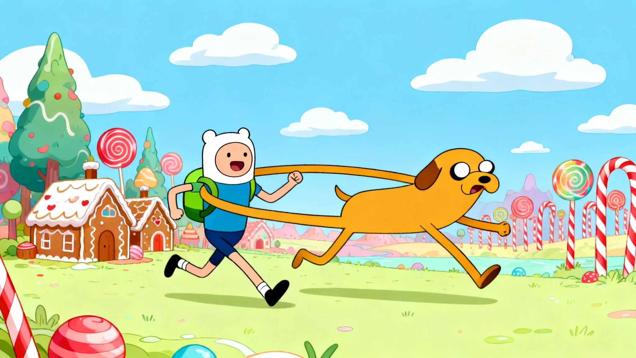 A vibrant wallpaper of Finn and Jake from Adventure Time running happily through the colorful Candy Kingdom.
