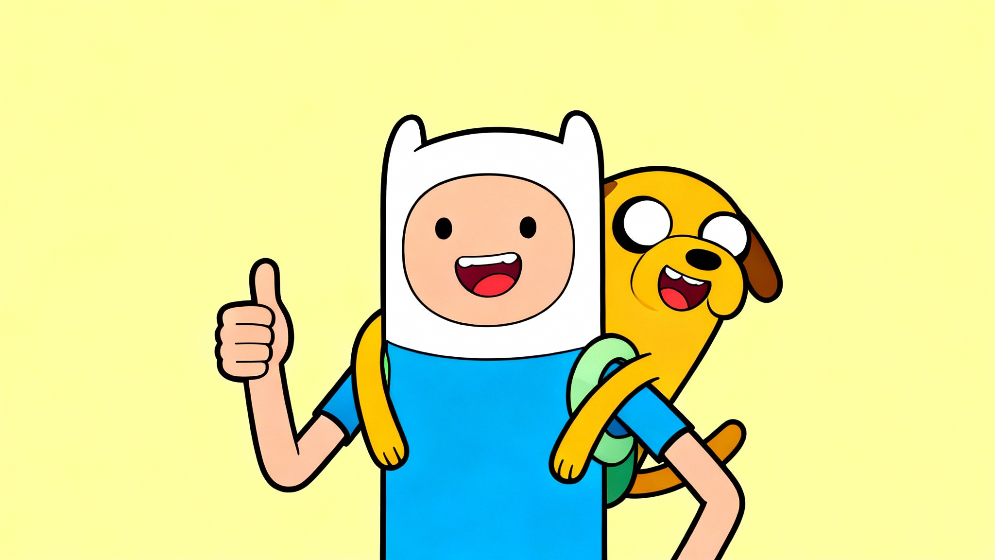 A vibrant wallpaper illustration of Finn the Human and Jake the Dog from Adventure Time, smiling cheerfully against a bright yellow background.