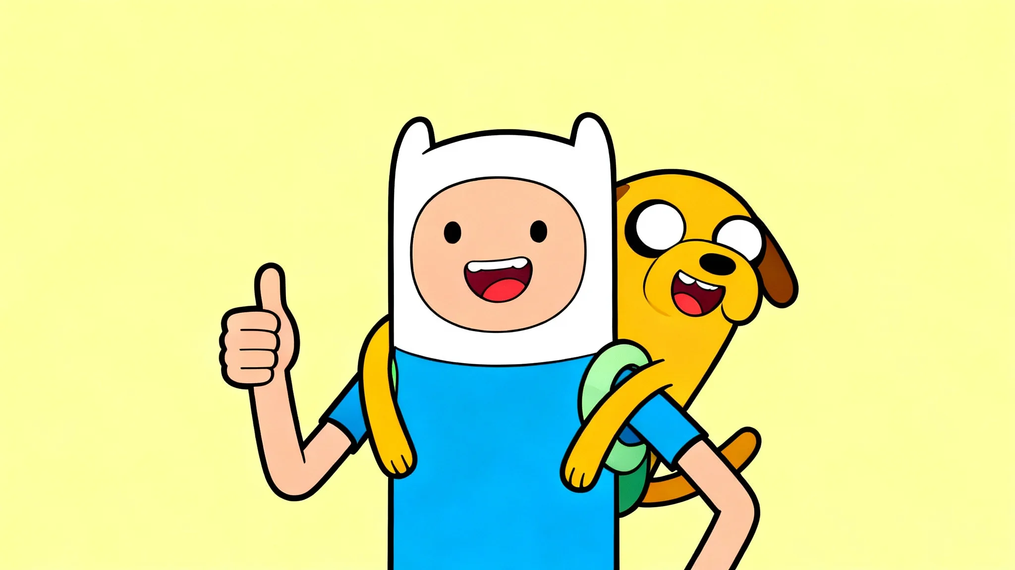 A vibrant wallpaper illustration of Finn the Human and Jake the Dog from Adventure Time, smiling cheerfully against a bright yellow background.