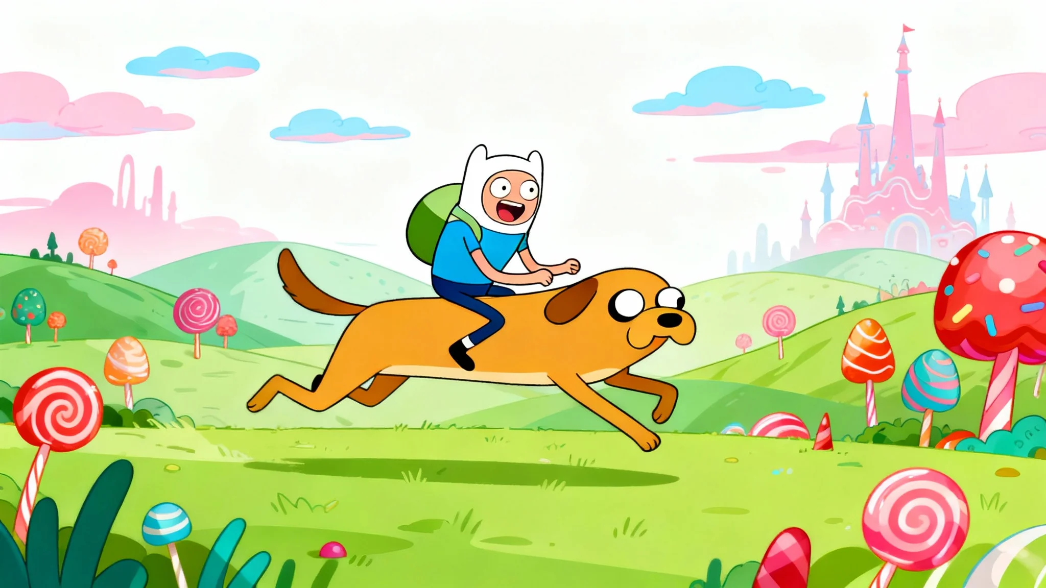 A cartoon-style phone wallpaper featuring Finn the Human riding on the back of Jake the Dog as they run through the vibrant and colorful Land of Ooo, set against a clean white backdrop.