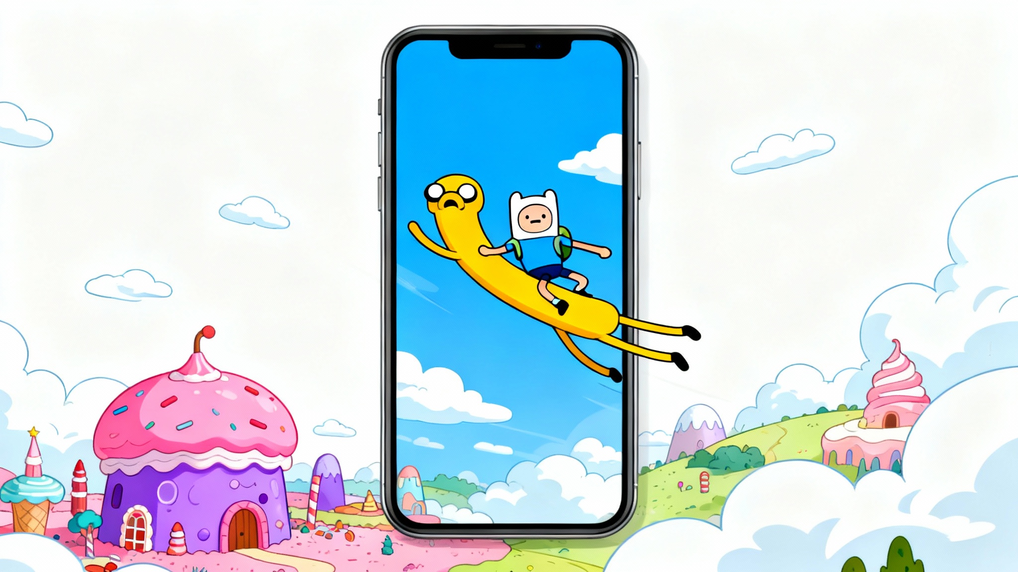 A cartoon wallpaper of Finn and Jake from Adventure Time flying joyfully through the sky above the Land of Ooo, suitable for a phone background.