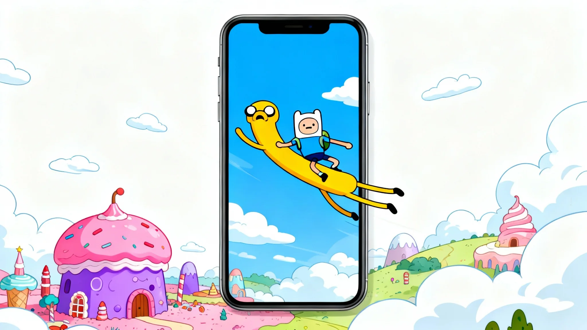 A cartoon wallpaper of Finn and Jake from Adventure Time flying joyfully through the sky above the Land of Ooo, suitable for a phone background.