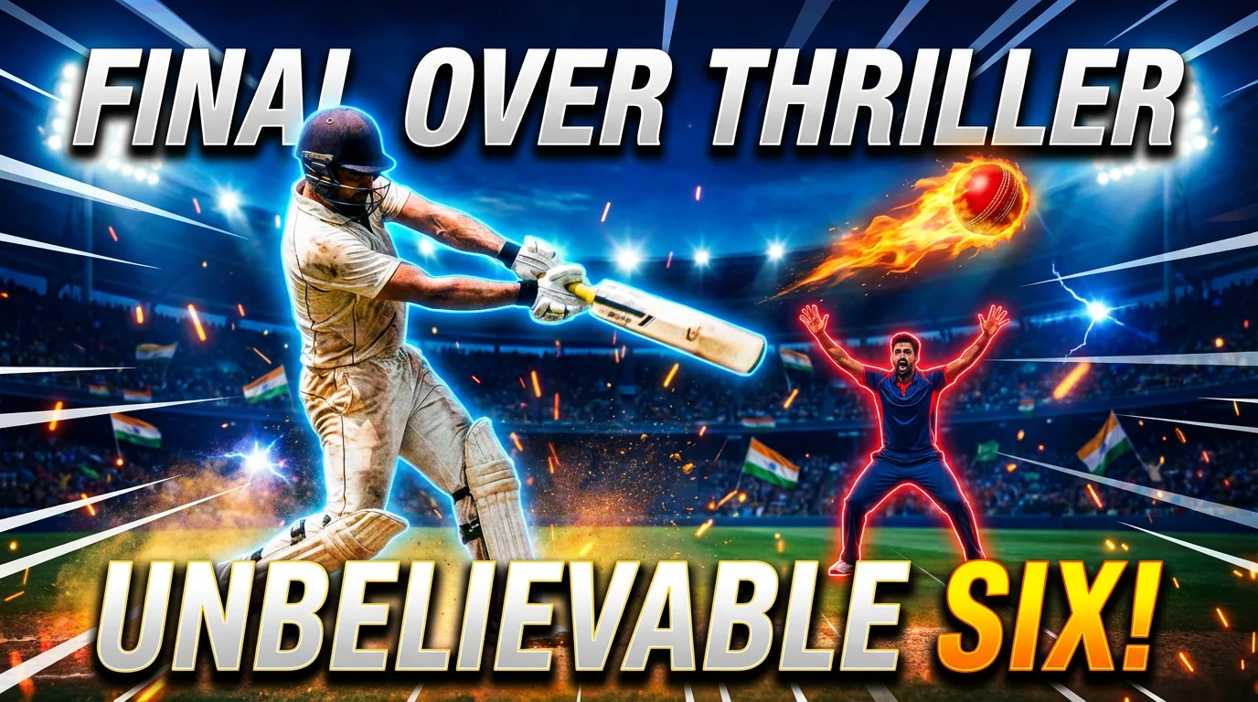 A professionally designed YouTube thumbnail for a cricket match, showing a batsman hitting a fiery cricket ball for a six in a packed stadium at night. Bold text reads 'FINAL OVER THRILLER' and 'UNBELIEVABLE SIX!'.