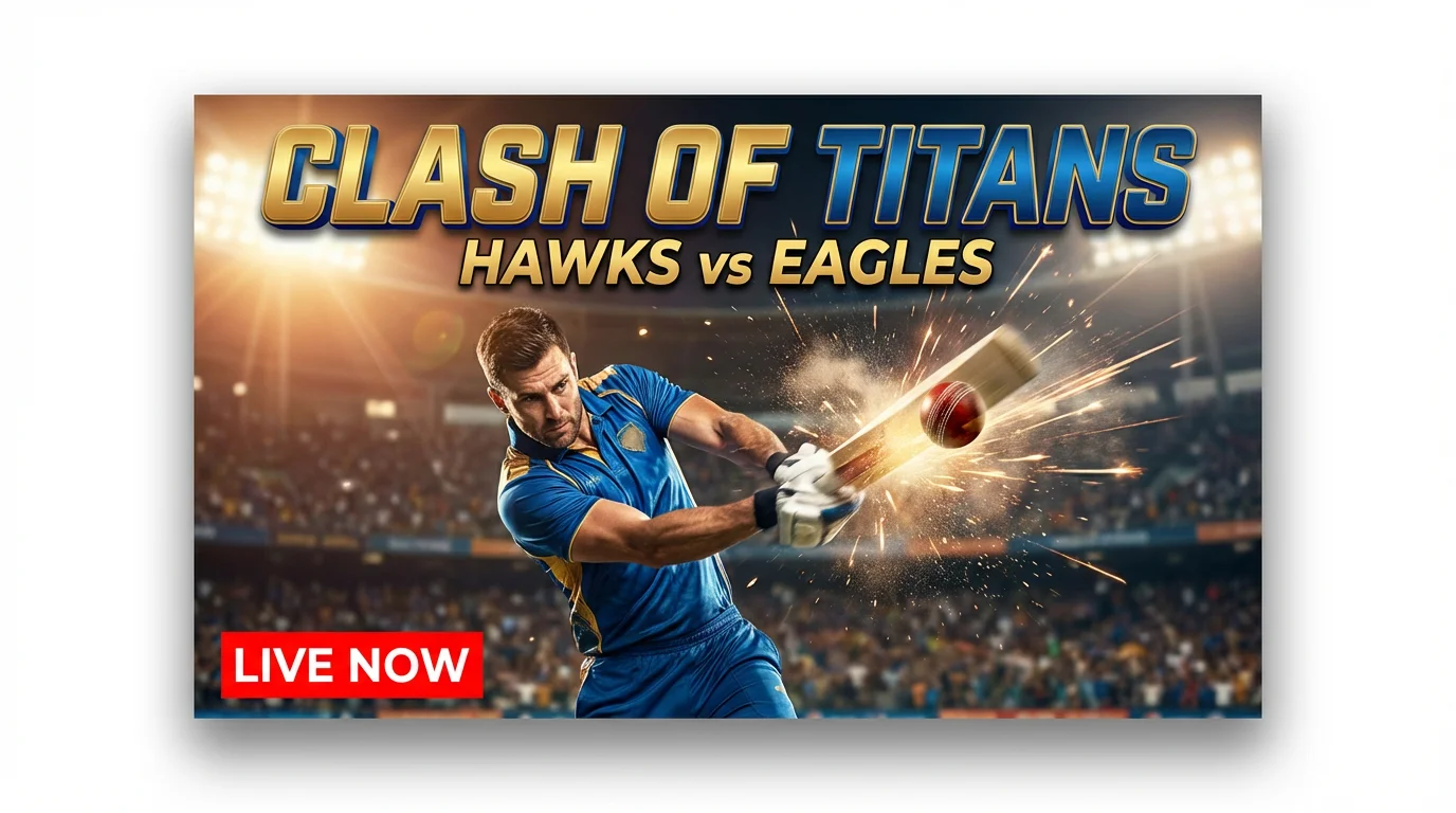 A mockup of an exciting cricket match thumbnail against a white background. It shows a batsman hitting a ball in a stadium, with bold, dramatic text overlaying the image that reads 'CLASH OF TITANS' and 'LIVE NOW'.