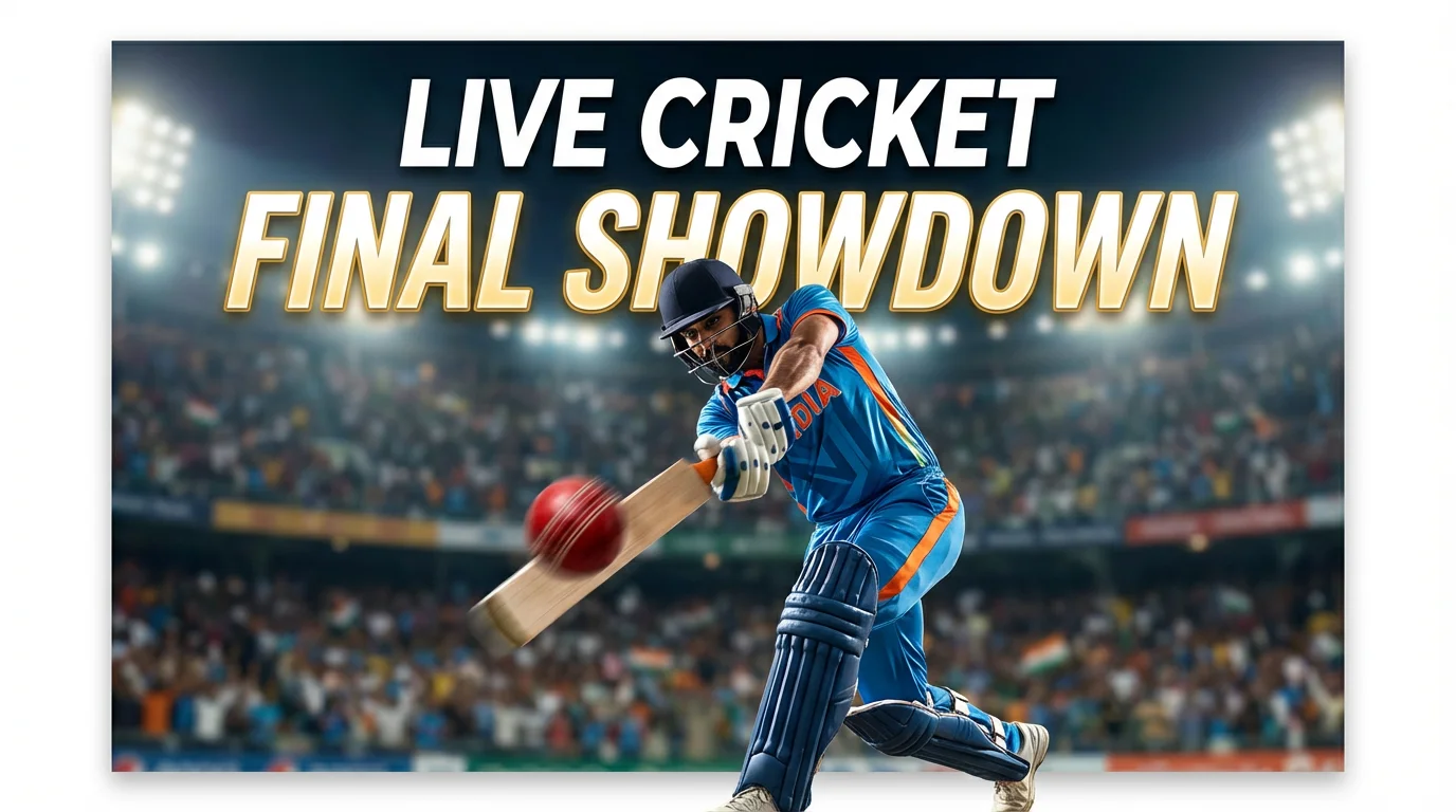 A professional cricket match thumbnail showing a batsman in mid-action after hitting a shot in a full stadium. Text on the image reads 'LIVE CRICKET' and 'FINAL SHOWDOWN'.