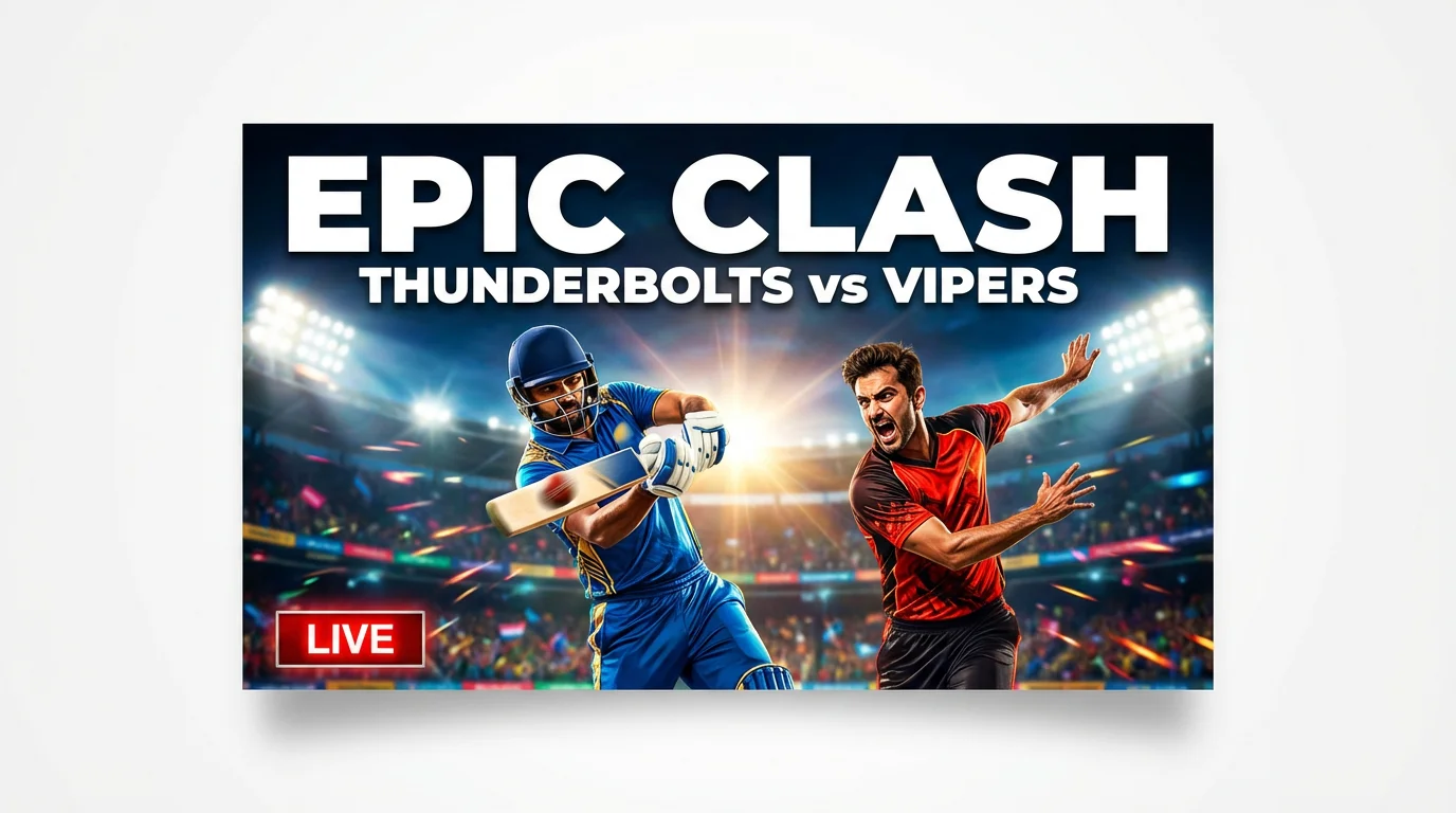 A dramatic cricket match thumbnail mockup showing a batsman and a bowler in a packed stadium at night. The thumbnail has bold text reading 'EPIC CLASH', 'THUNDERBOLTS vs VIPERS', and 'LIVE'.