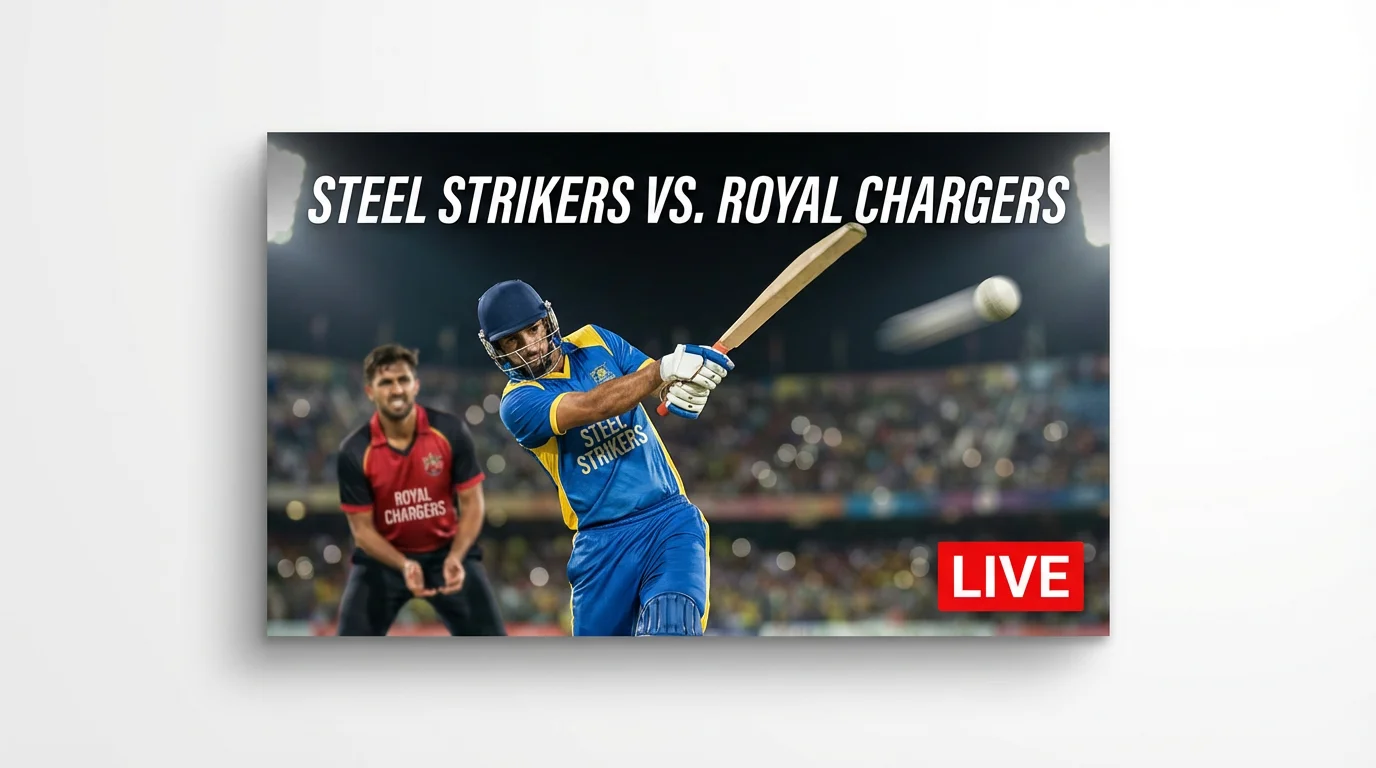 A mockup of a dramatic cricket match thumbnail showing a batsman hitting a powerful shot. Text on the thumbnail reads 'Steel Strikers vs. Royal Chargers' and 'LIVE'.
