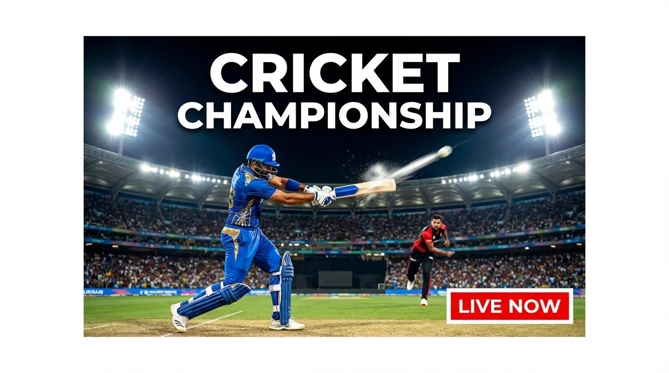A professional cricket match thumbnail mockup showing a batsman in a blue uniform hitting a powerful shot in a packed stadium at night. Legible text reads "Cricket Championship" and "LIVE NOW".