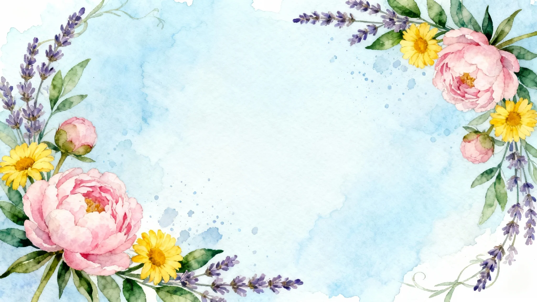 A beautiful 16:9 floral watercolor background featuring pink peonies, yellow daisies, and lavender against a pale blue backdrop, designed to be used as a template.