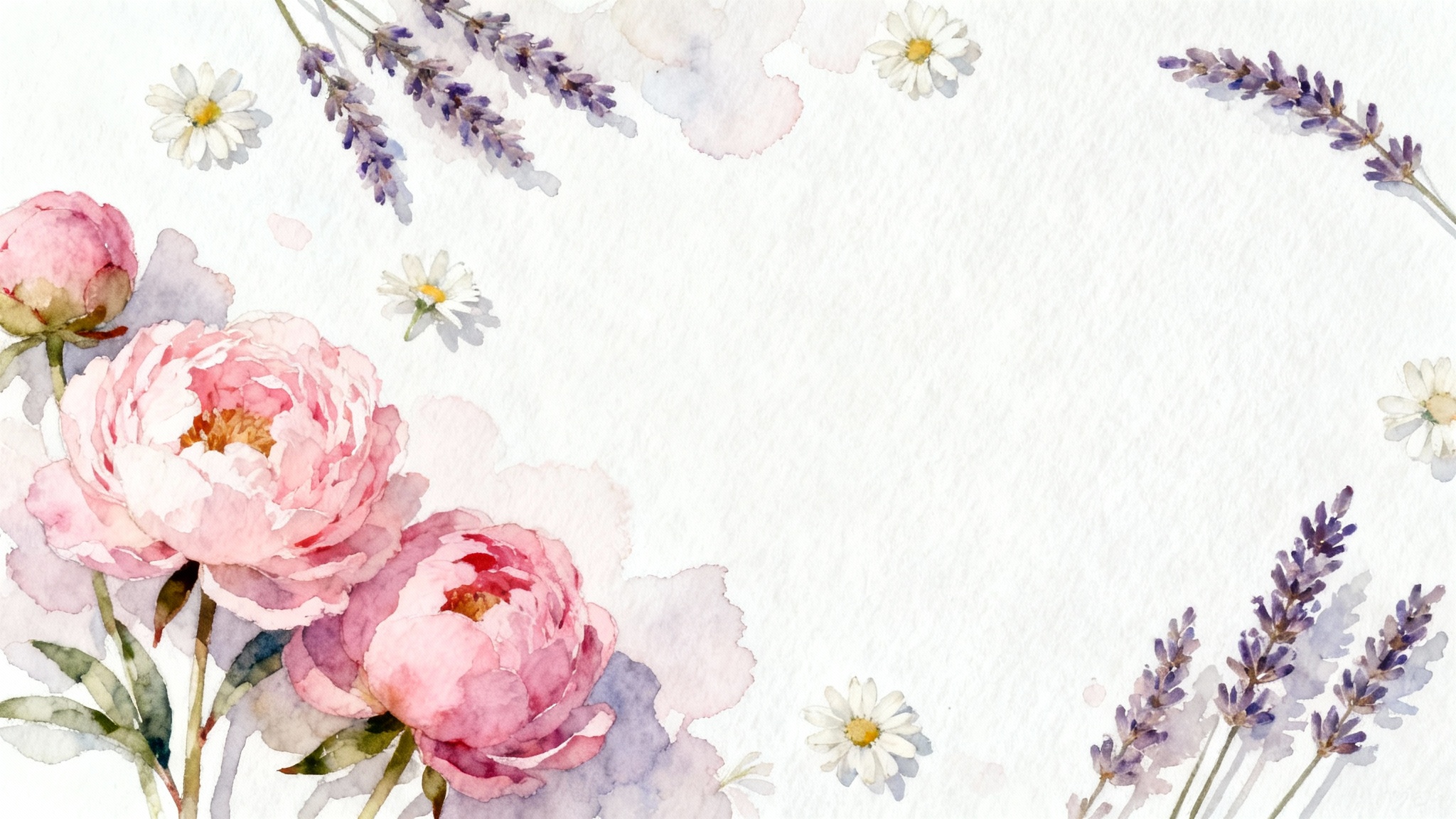 A beautiful floral background painted in a soft, pastel watercolor style, featuring pink peonies and lavender on a white paper texture.