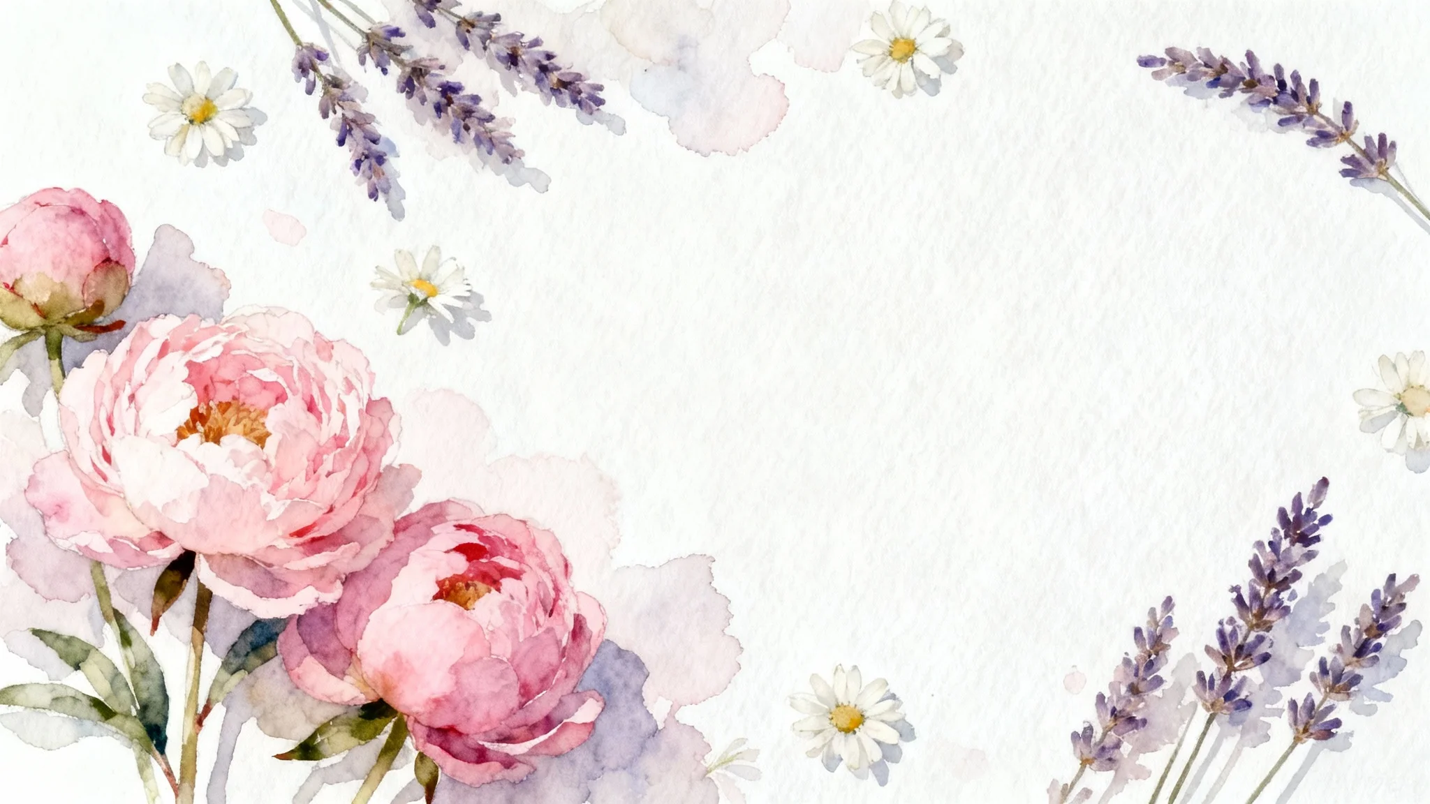 A beautiful floral background painted in a soft, pastel watercolor style, featuring pink peonies and lavender on a white paper texture.