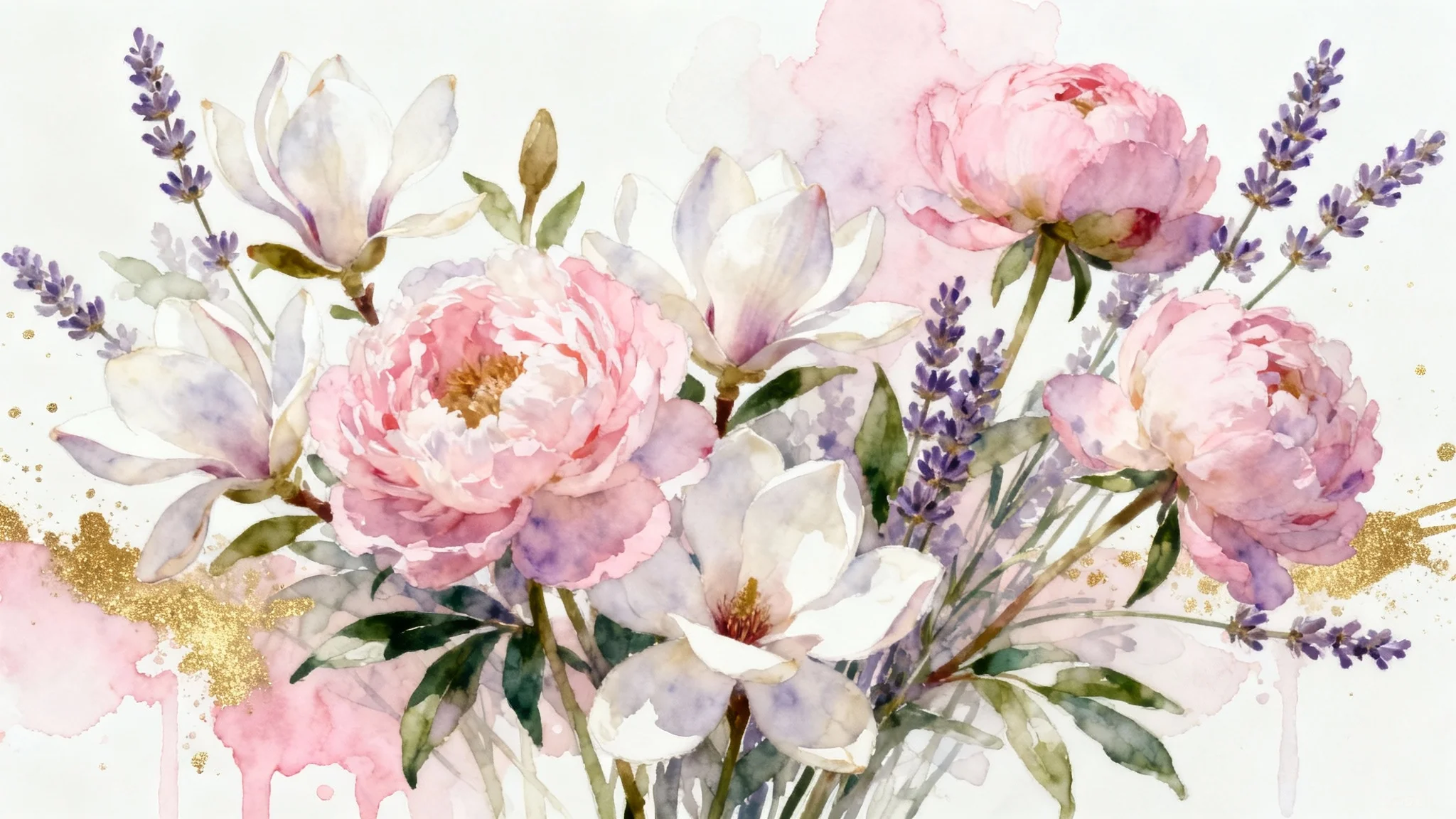 An elegant watercolor background featuring soft pink peonies, white magnolias, and lavender on a textured white paper, creating a serene and romantic floral pattern.
