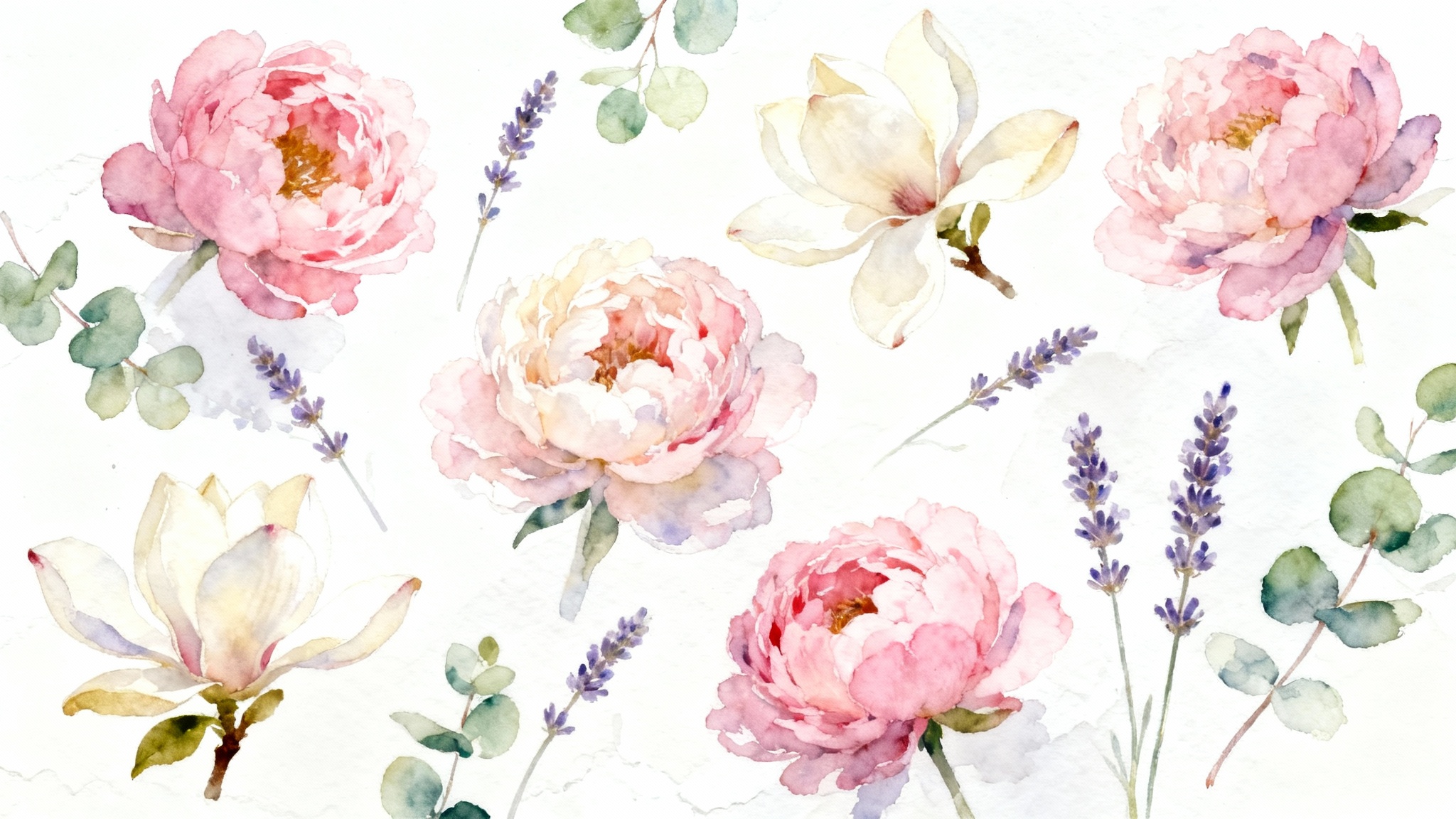 An elegant floral watercolor background featuring soft pink and white flowers with green leaves painted delicately on a clean white surface.