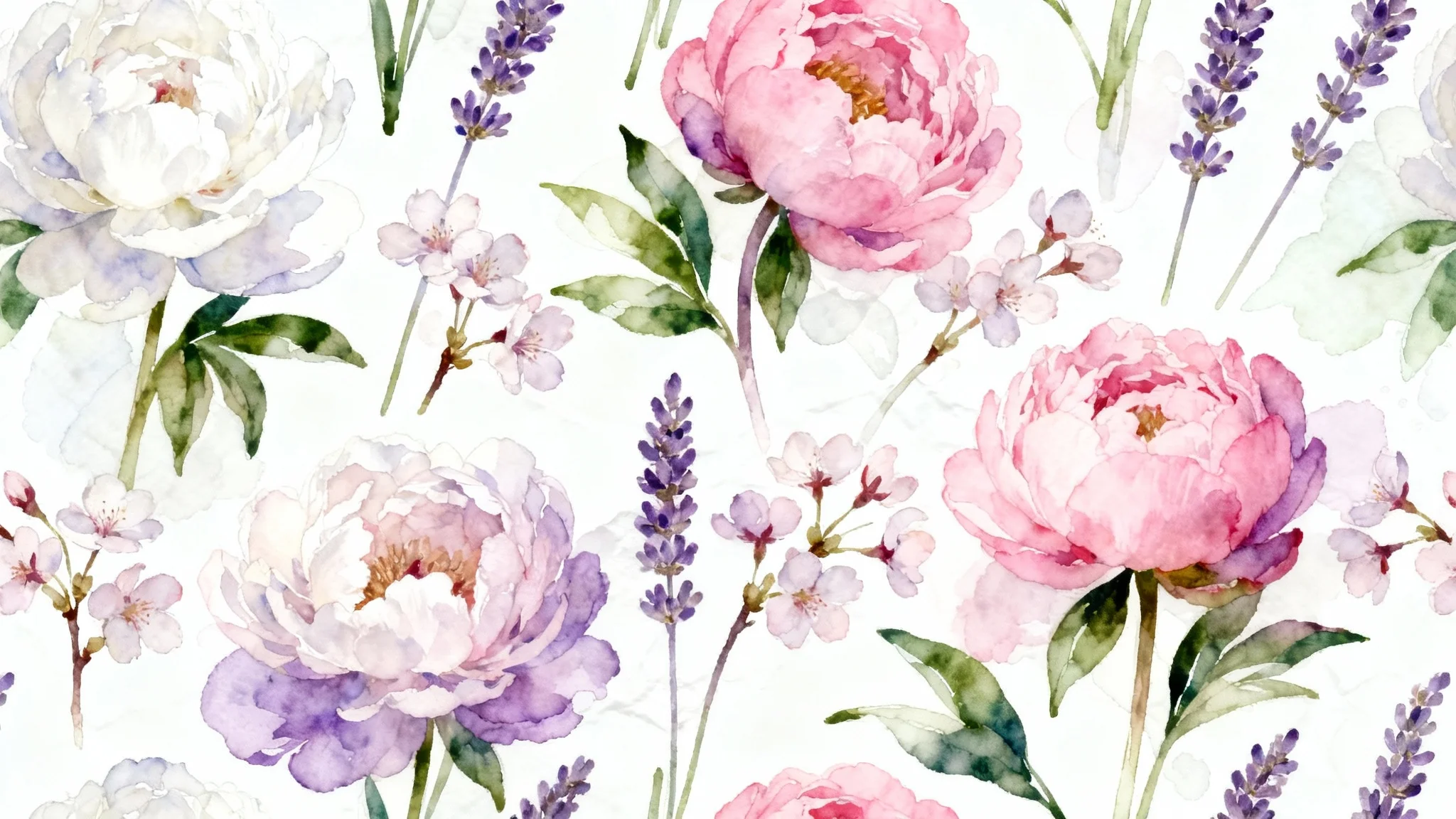 A serene and artistic background image featuring a seamless pattern of flowers like peonies and cherry blossoms painted in a soft, pastel watercolor style on a white textured surface.
