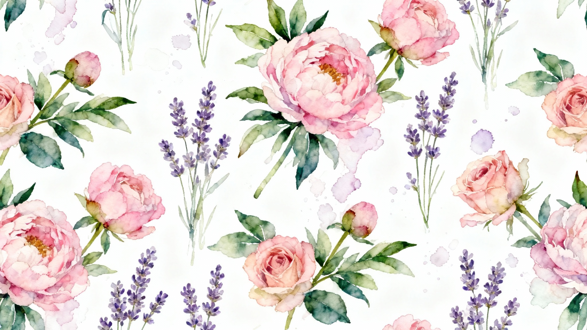 A delicate and seamless watercolor background pattern featuring an elegant arrangement of pink peonies, roses, and lavender wildflowers on a clean white background.