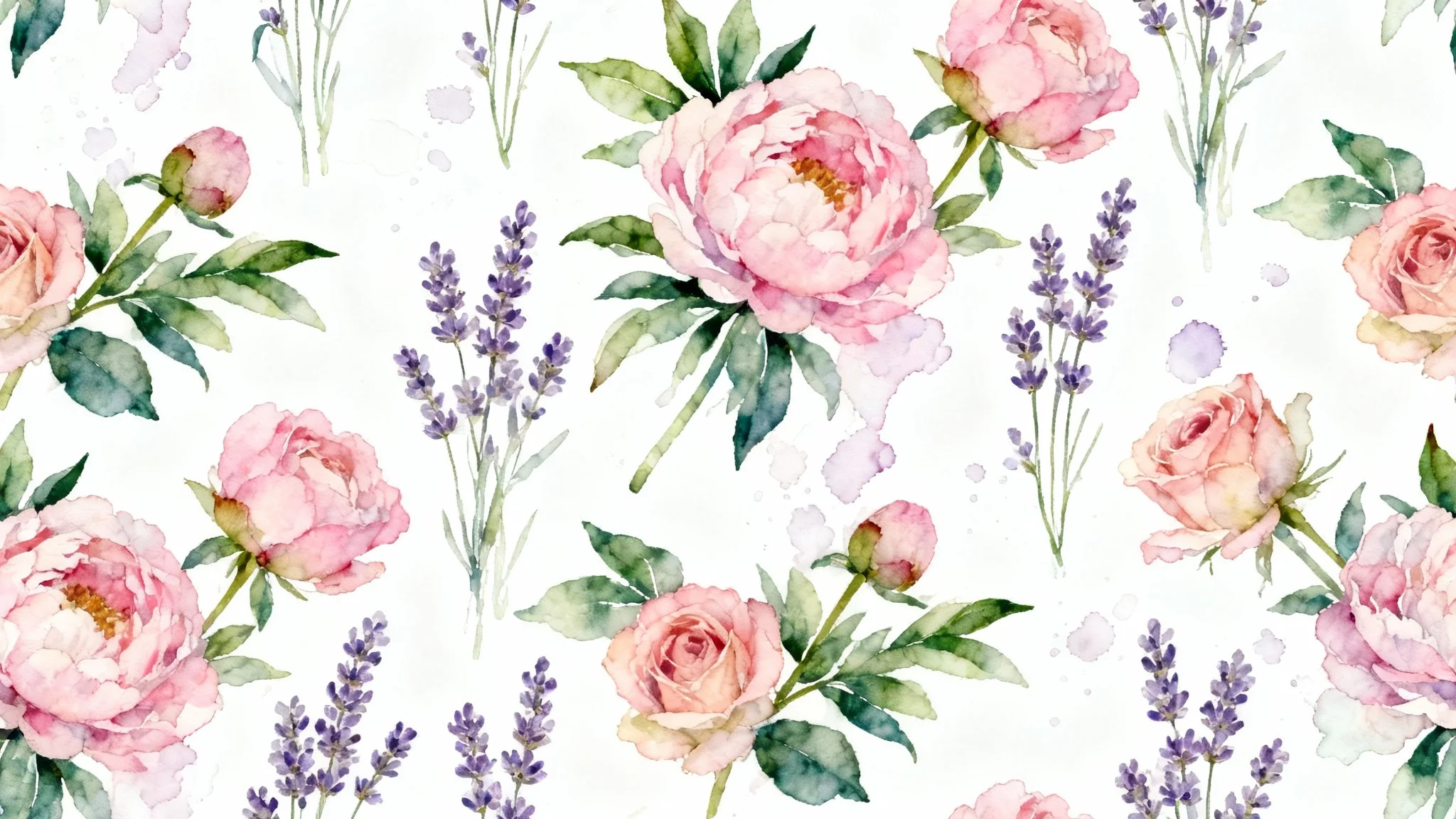 A delicate and seamless watercolor background pattern featuring an elegant arrangement of pink peonies, roses, and lavender wildflowers on a clean white background.