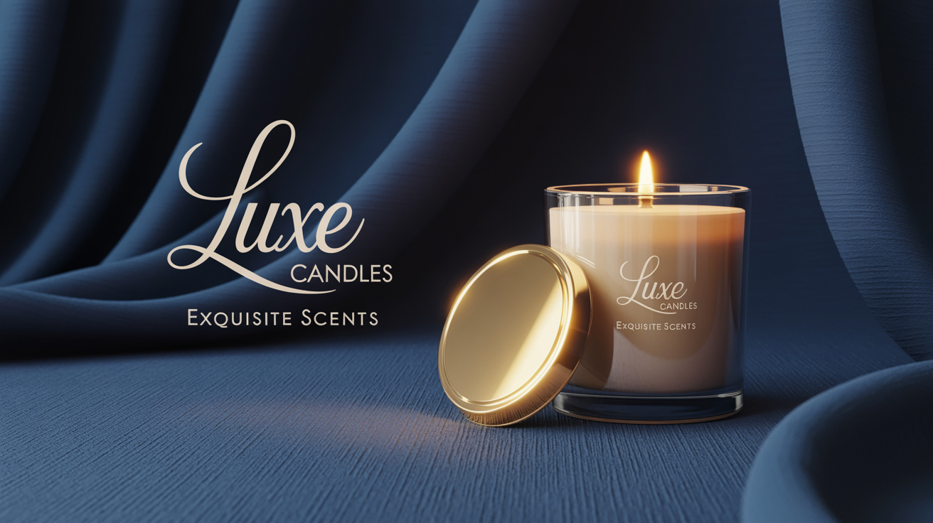 A luxury branding showcase for 'LUXE CANDLES'. A gold-embossed logo is displayed on a navy blue background next to a lit glass candle with a gold lid, conveying an elegant and high-end feel.