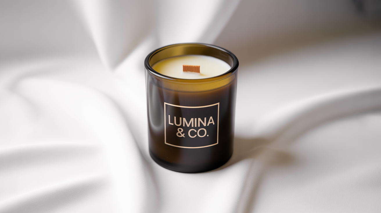 A photorealistic mockup of a luxury candle in a matte black jar. A gold foil logo on the front reads 'LUMINA & CO'. The candle is on a clean white background.