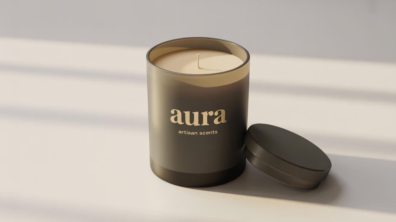 A product mockup of a luxury candle in a matte black jar with an elegant gold foil logo that reads 'AURA ARTISAN SCENTS', placed on a clean white background.