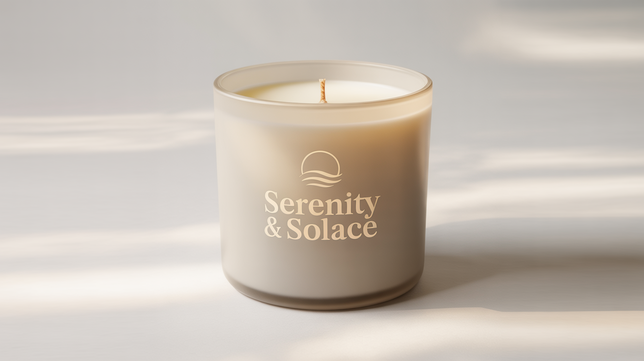 A product mockup of a luxury candle in a matte white jar against a white background. The jar features a gold foil logo with the brand name 'SERENITY & SOLACE' and a stylized wave icon.