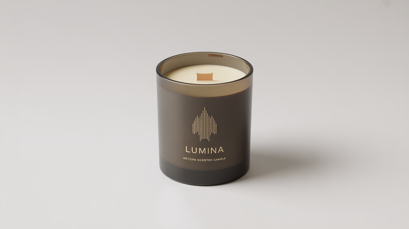 A mockup of a luxury candle in a matte black jar with a gold foil logo that reads 'LUMINA Artisan Scented Candle', set against a plain white background.