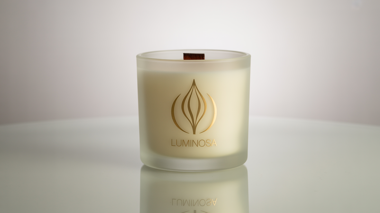 A photorealistic mockup of a luxury candle in a frosted white glass jar. It features a minimalist gold foil logo with the brand name 'LUMINOSA' against a pure white background.
