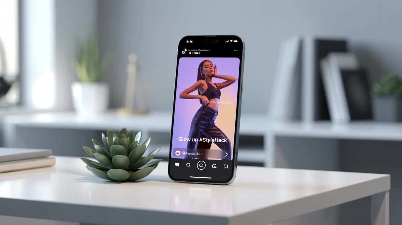 A hero image showing a smartphone displaying a finished, polished TikTok video of a stylish influencer, representing the final output of a video creation tool.