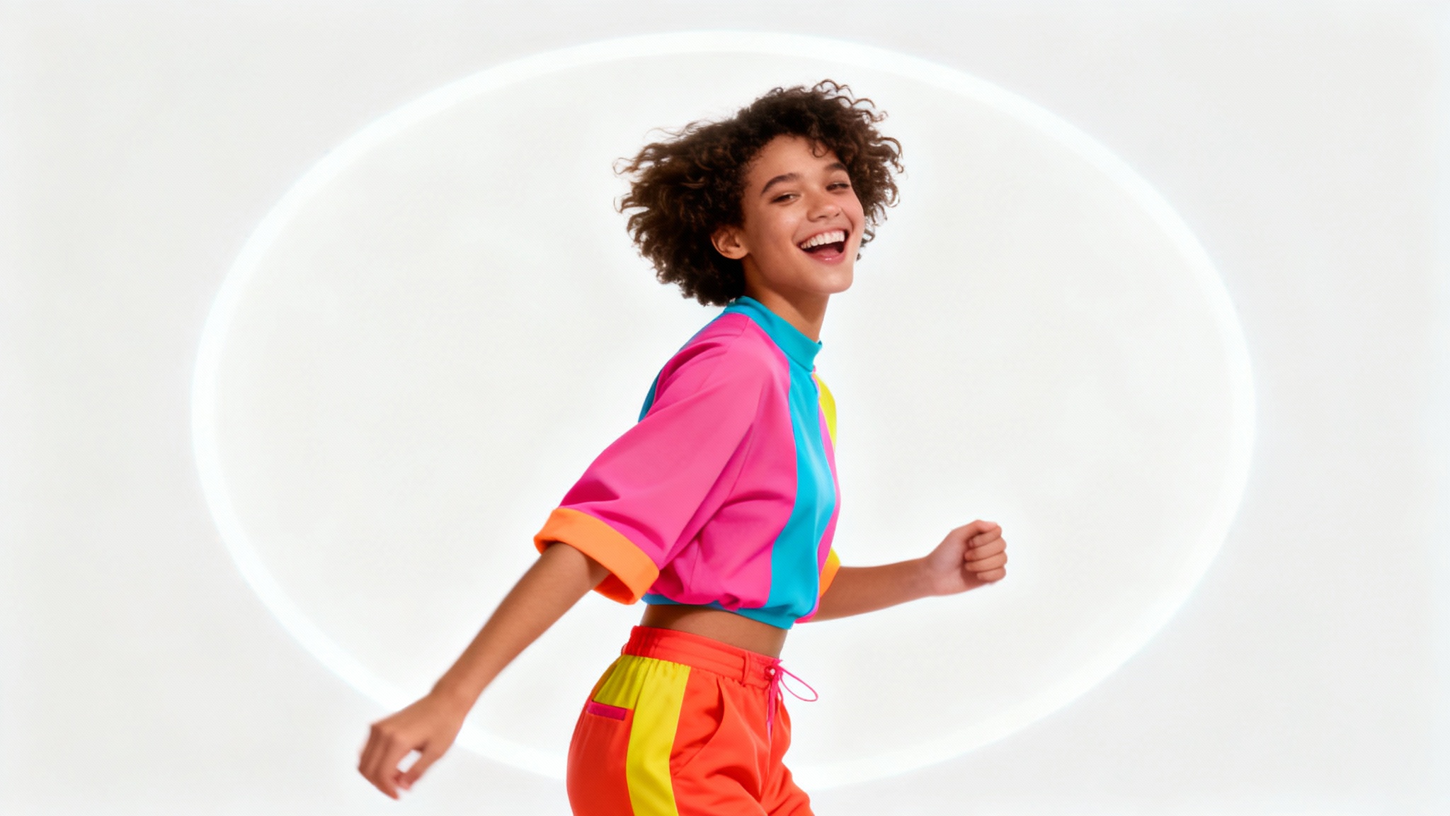 A still frame from a trendy TikTok video showing a stylish person in a colorful outfit posing dynamically, presented as a clean mockup on a white background.