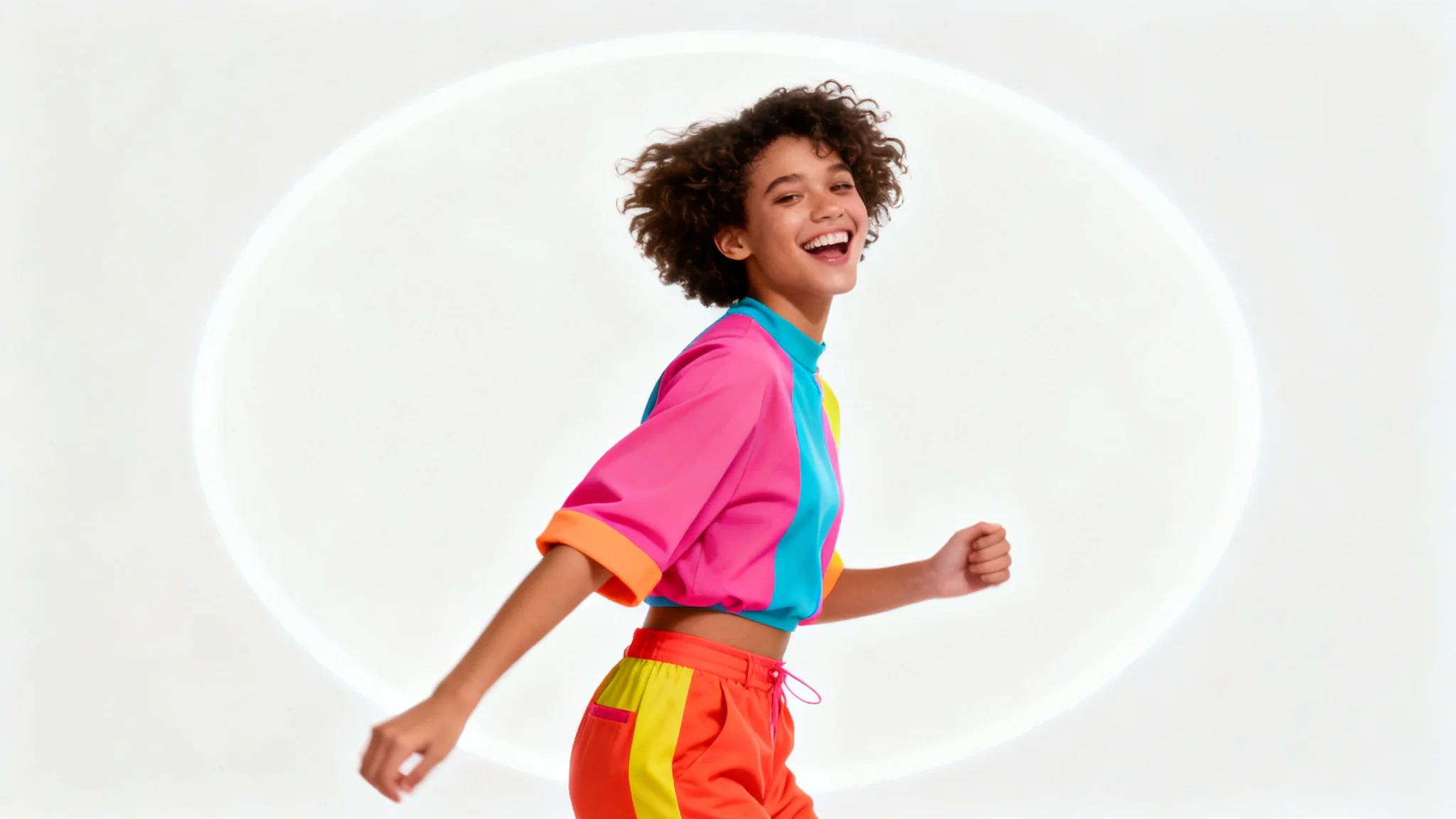A still frame from a trendy TikTok video showing a stylish person in a colorful outfit posing dynamically, presented as a clean mockup on a white background.