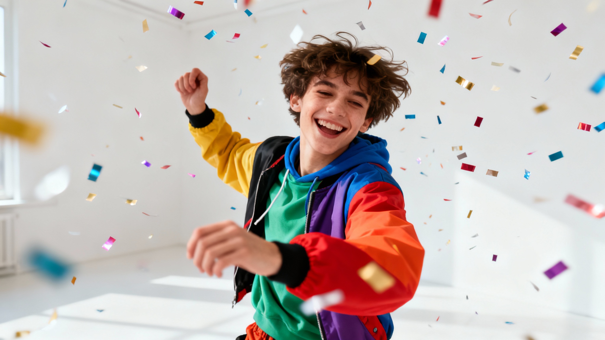 A still frame from a TikTok video showing a happy person dancing amidst falling confetti against a clean white background.