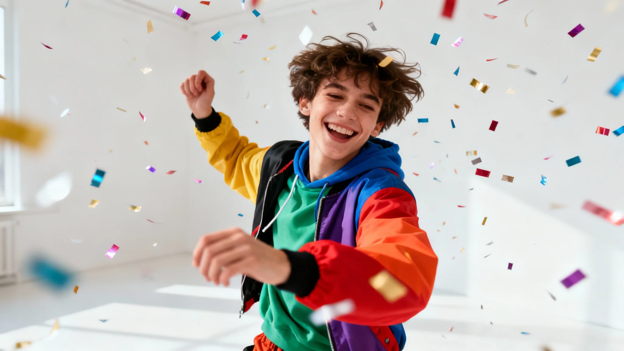 A still frame from a TikTok video showing a happy person dancing amidst falling confetti against a clean white background.